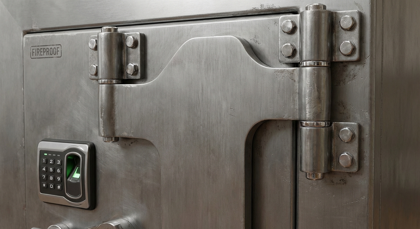 A macro shot of a reinforced safe door hinge and locking mechanism