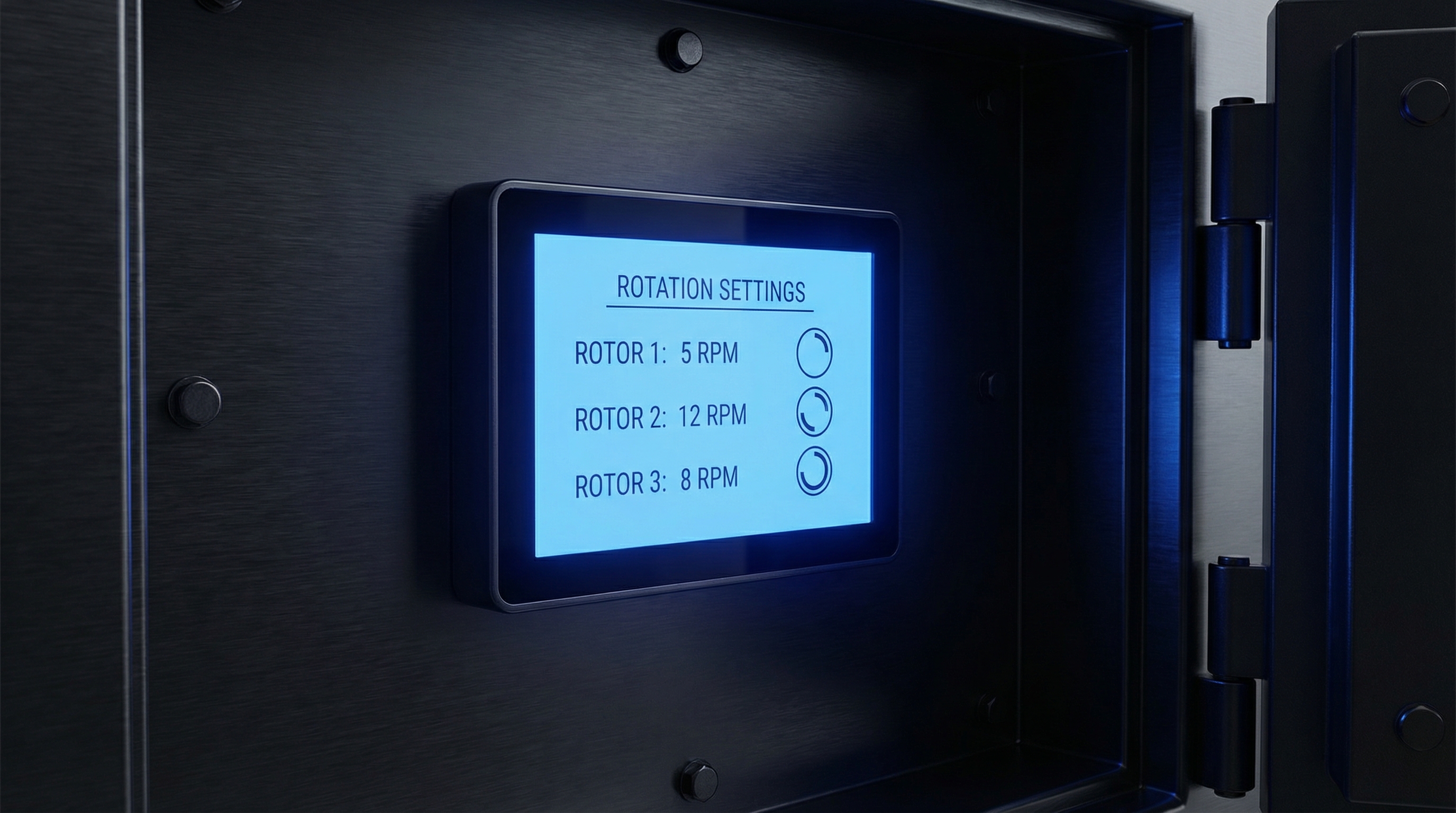 Close-up of a glowing blue LCD touchscreen panel inside a dark safe
