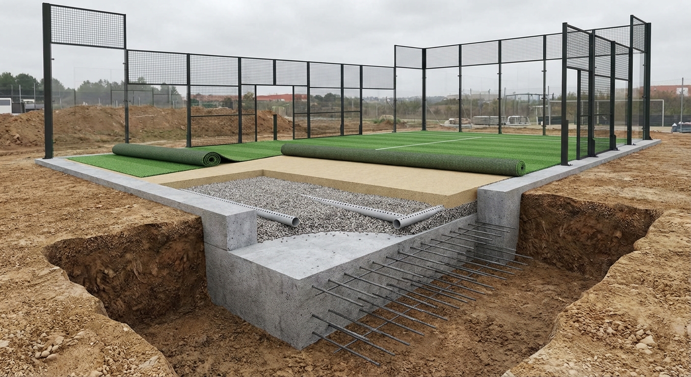 Cross-section diagram of the court foundation, from concrete to turf.
