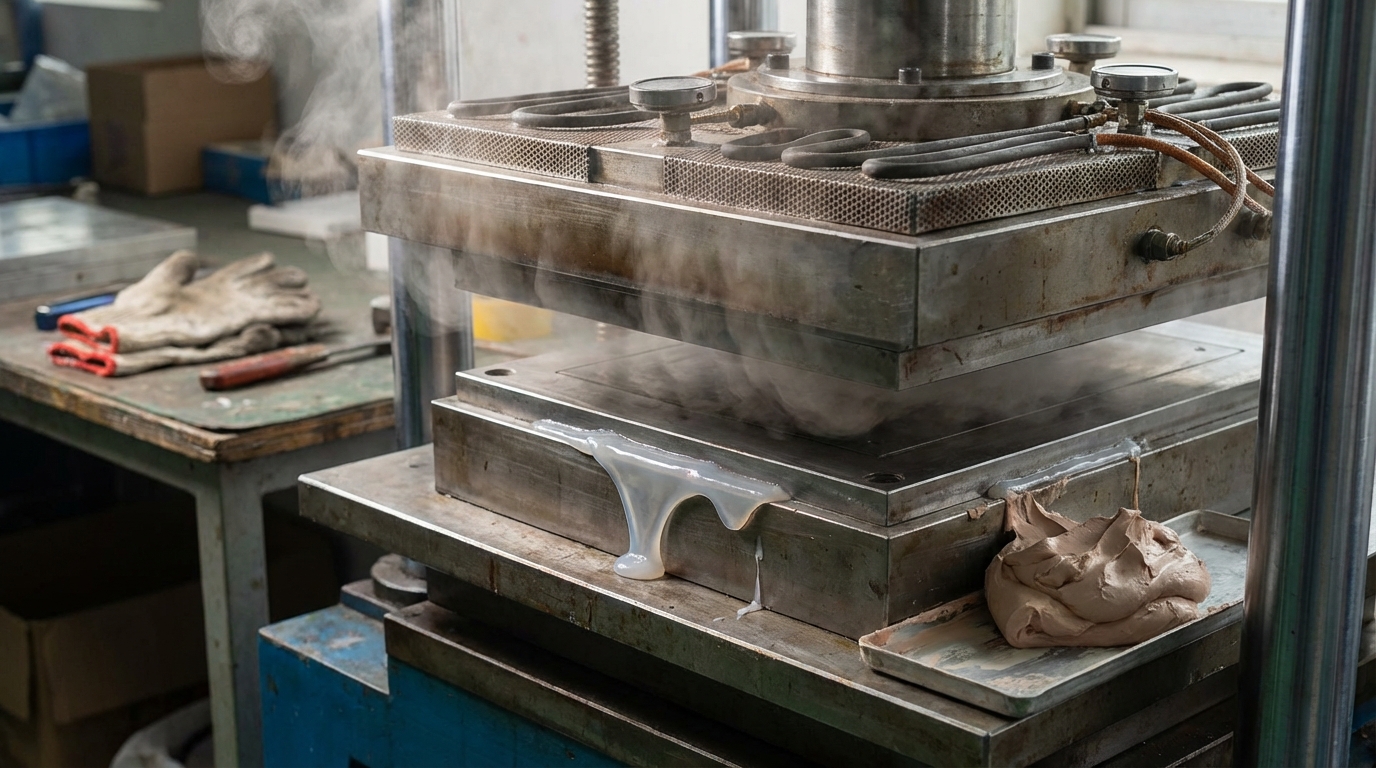 Silicone compression molding press close-up