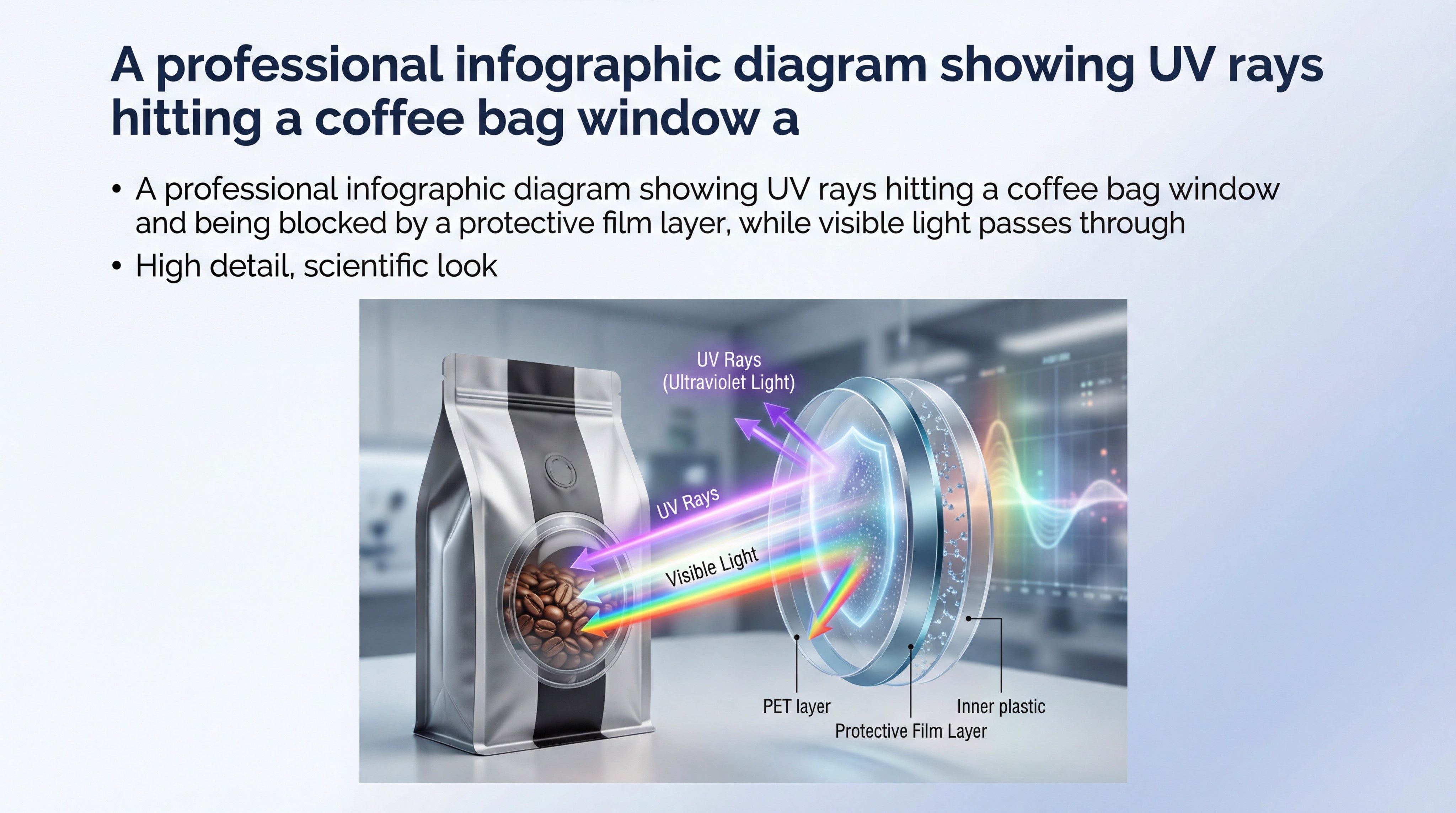 A professional infographic diagram showing UV rays hitting a coffee bag window and being blocked by a protective film layer, while visible light passes through.