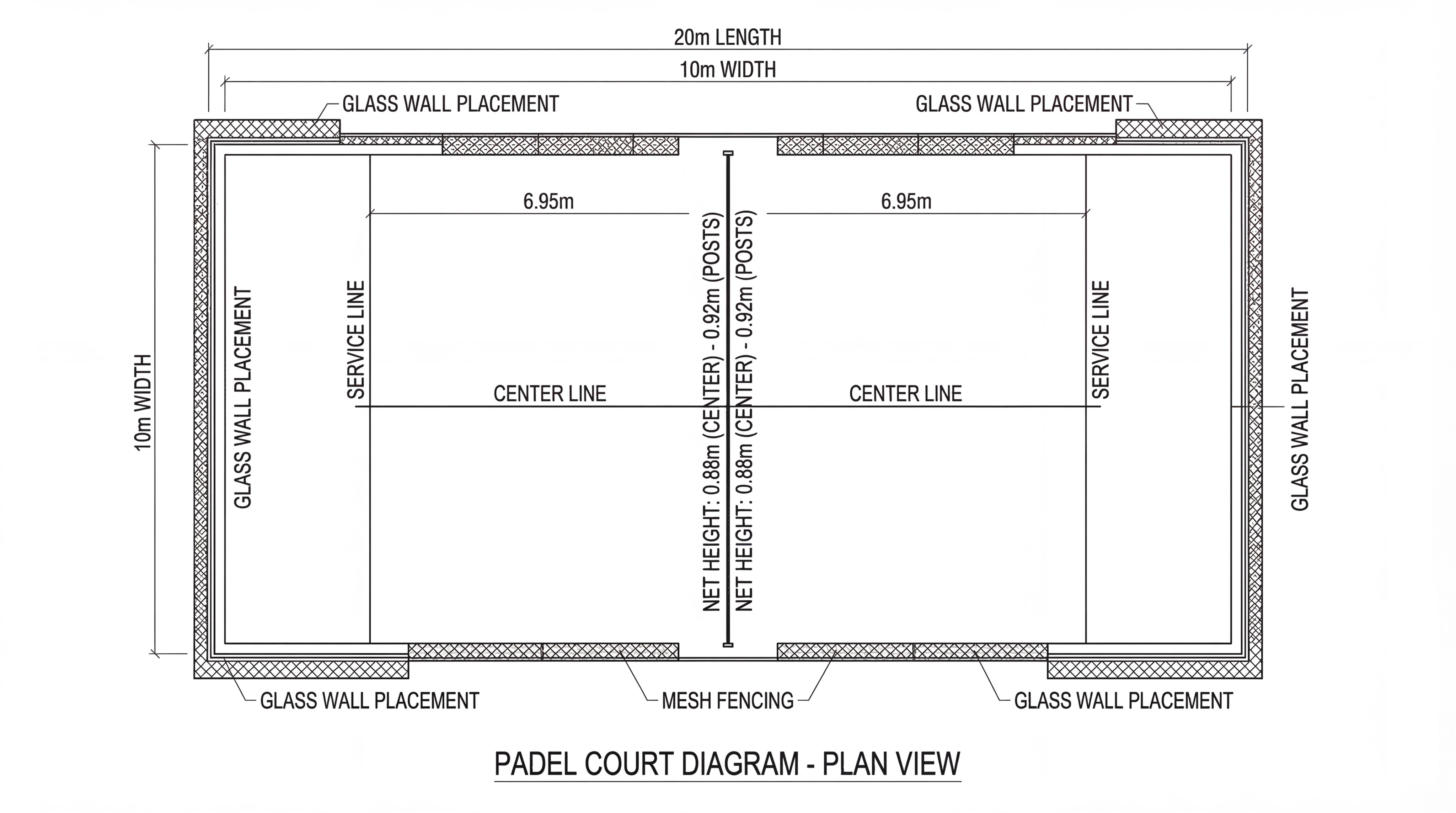 A clean, architectural 2D top-down technical diagram of a padel court with precise labels for dimensions and net height.
