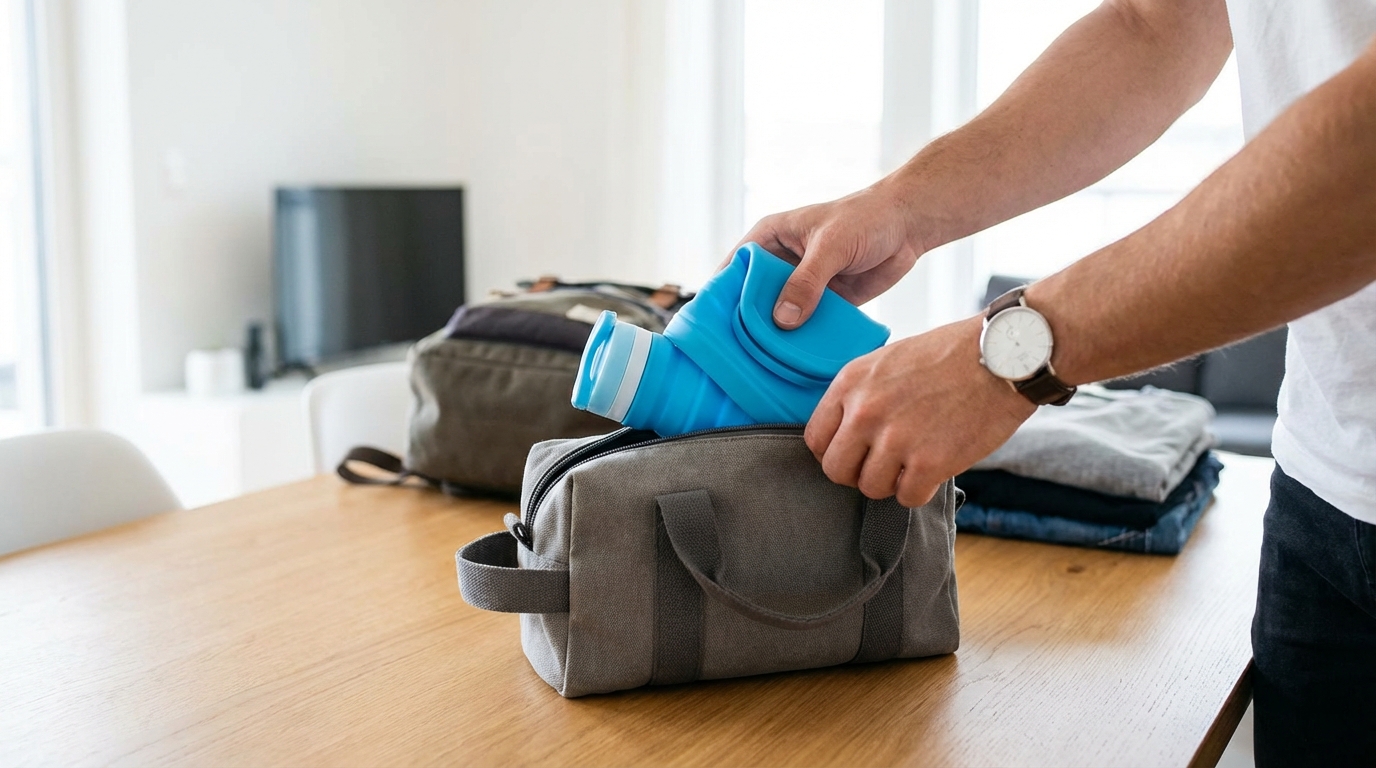 A silicone bottle being cleaned or placed in a drying rack to demonstrate maintenance.