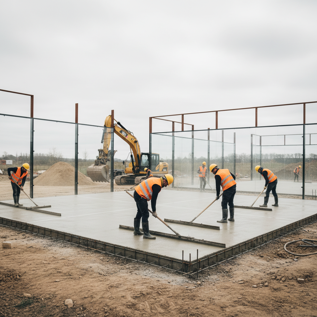 Photorealistic close-up of a construction crew installing a large 12mm thick tempered glass panel into a black steel padel court frame.
