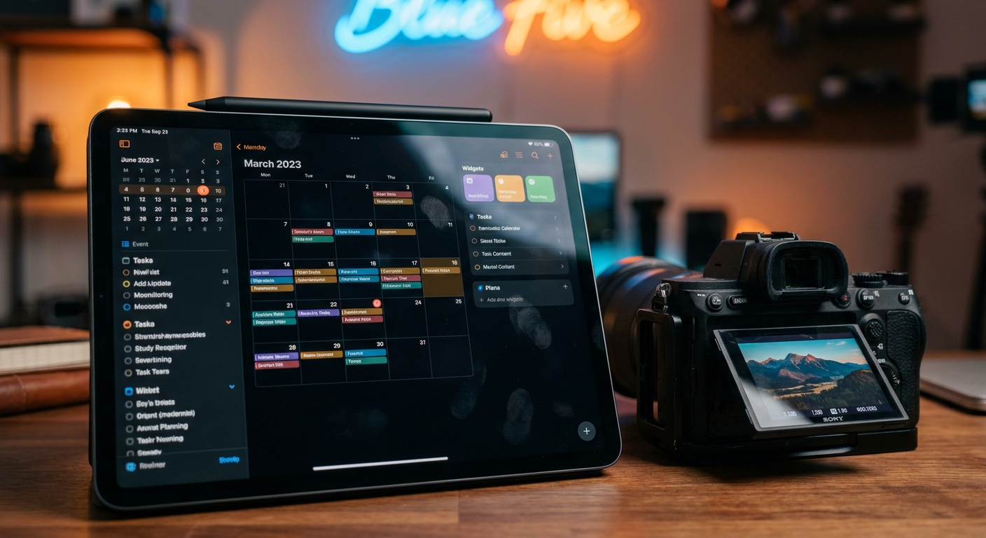 Creative Studio Workspace with iPad Pro and Professional Camera