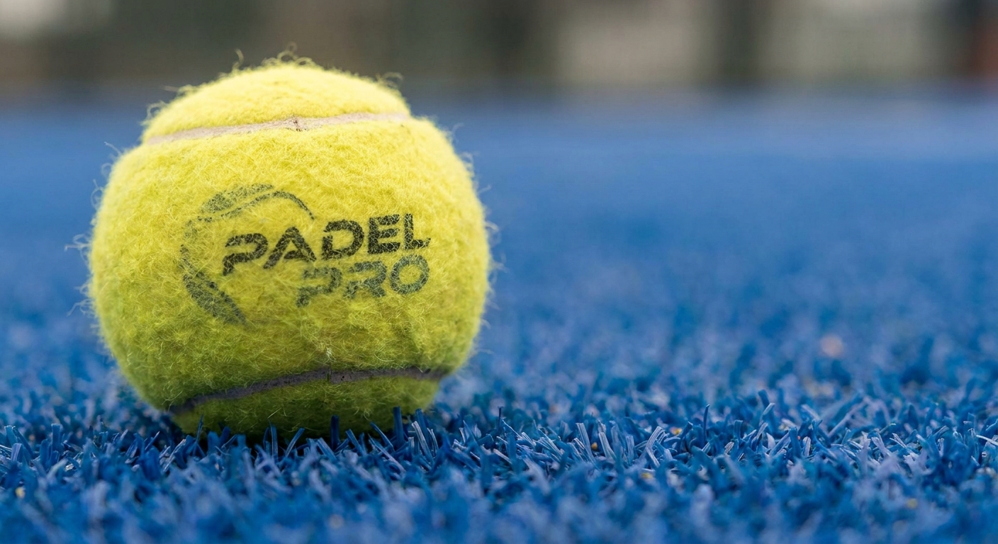 Macro shot of a yellow padel ball on blue turf