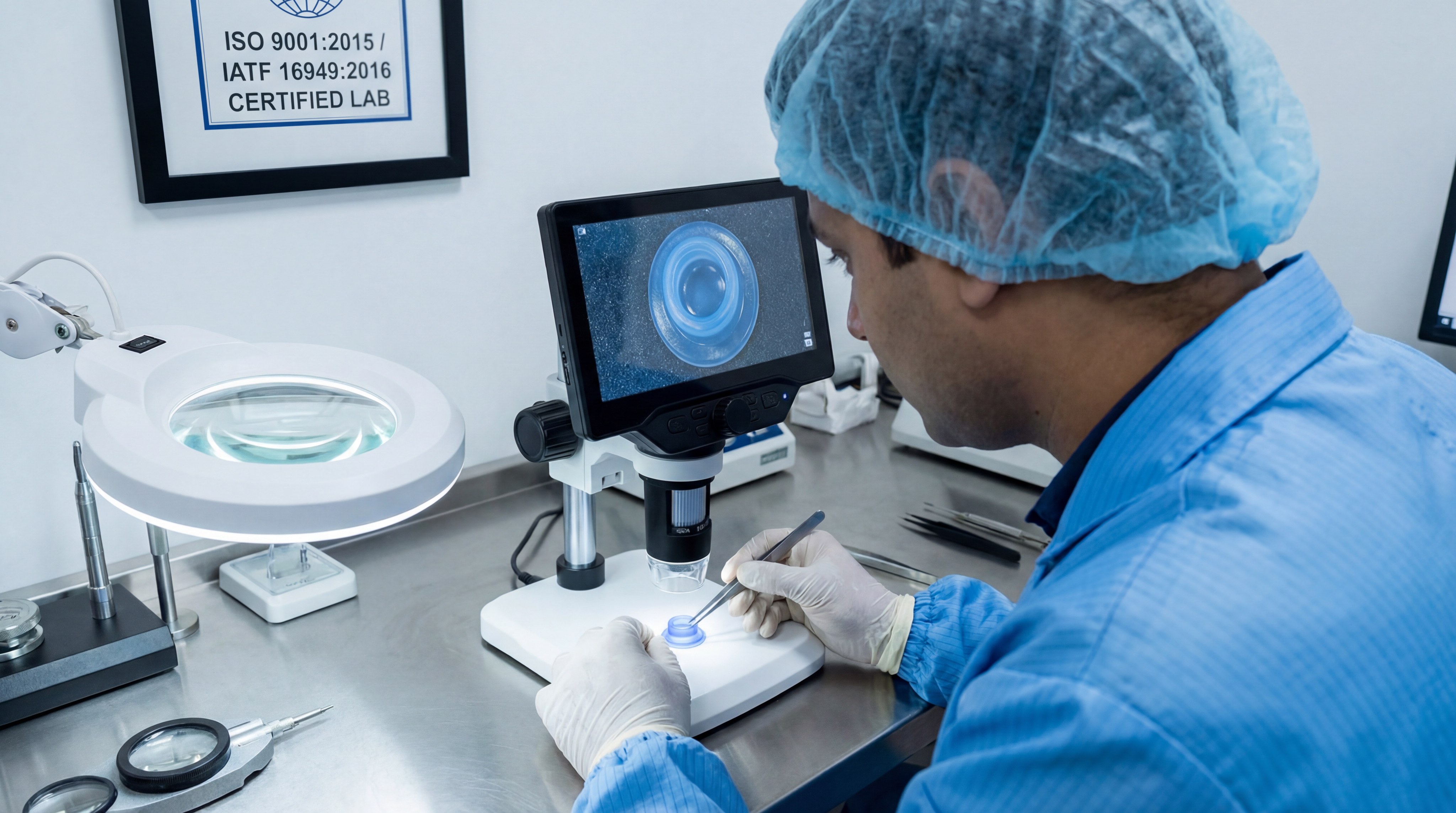 Quality control technician inspecting a medical silicone part under a digital microscope