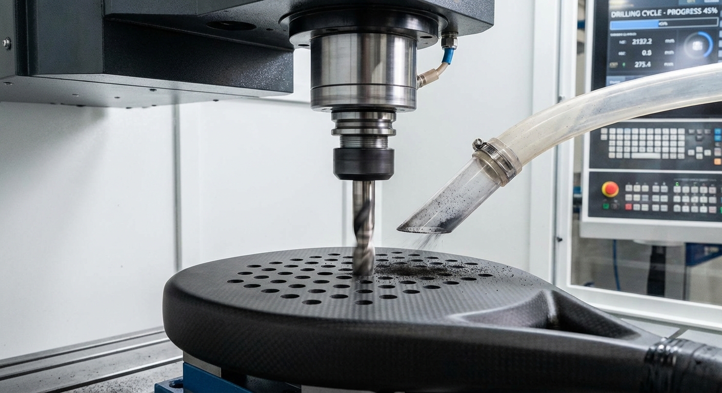 CNC machine drilling holes in a racket