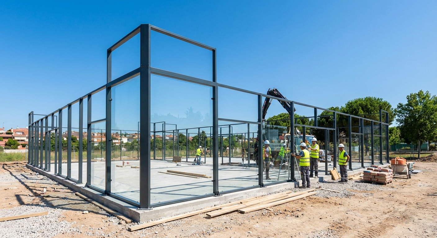A photorealistic wide shot of a padel court under construction.