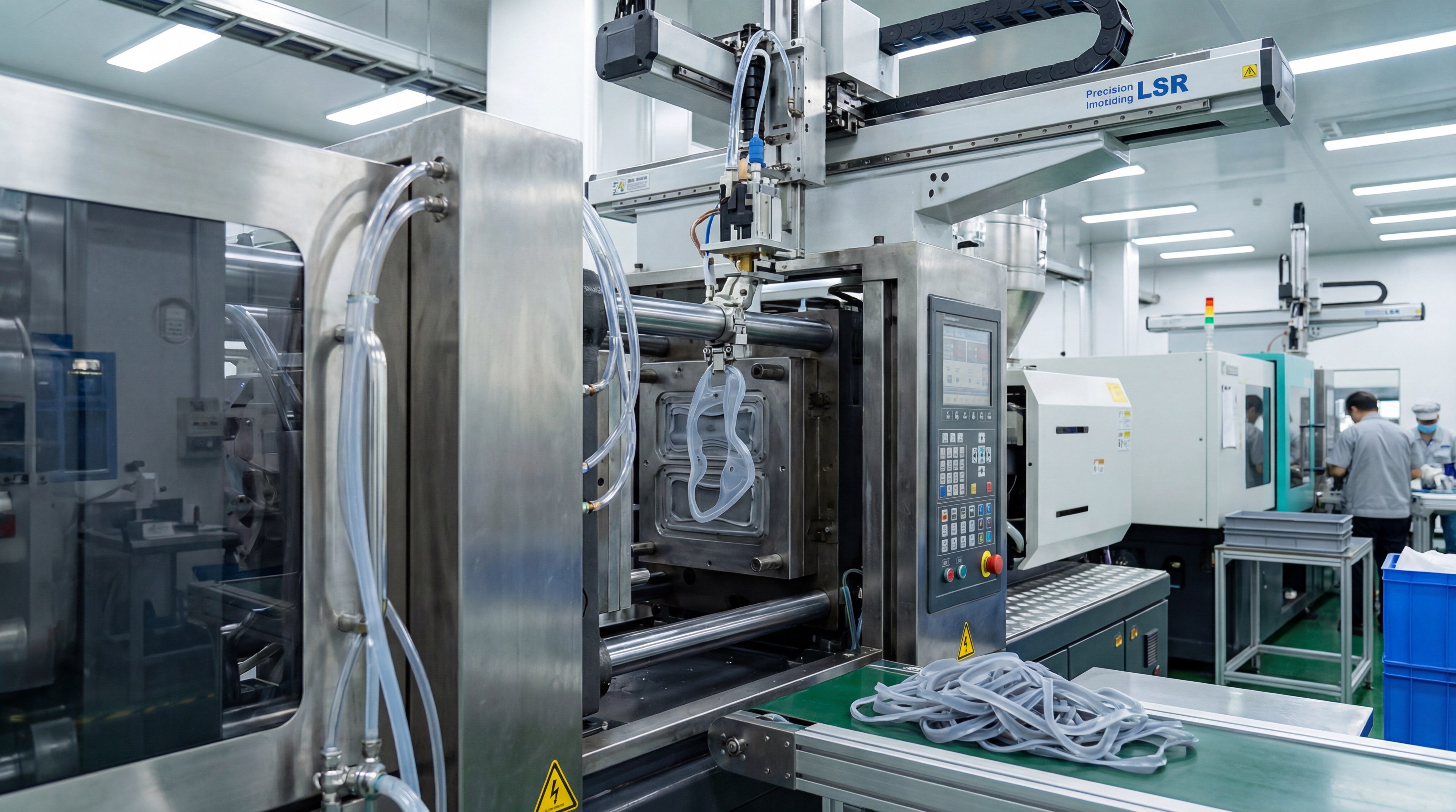 A precision liquid silicone rubber injection molding machine in a modern factory setting.