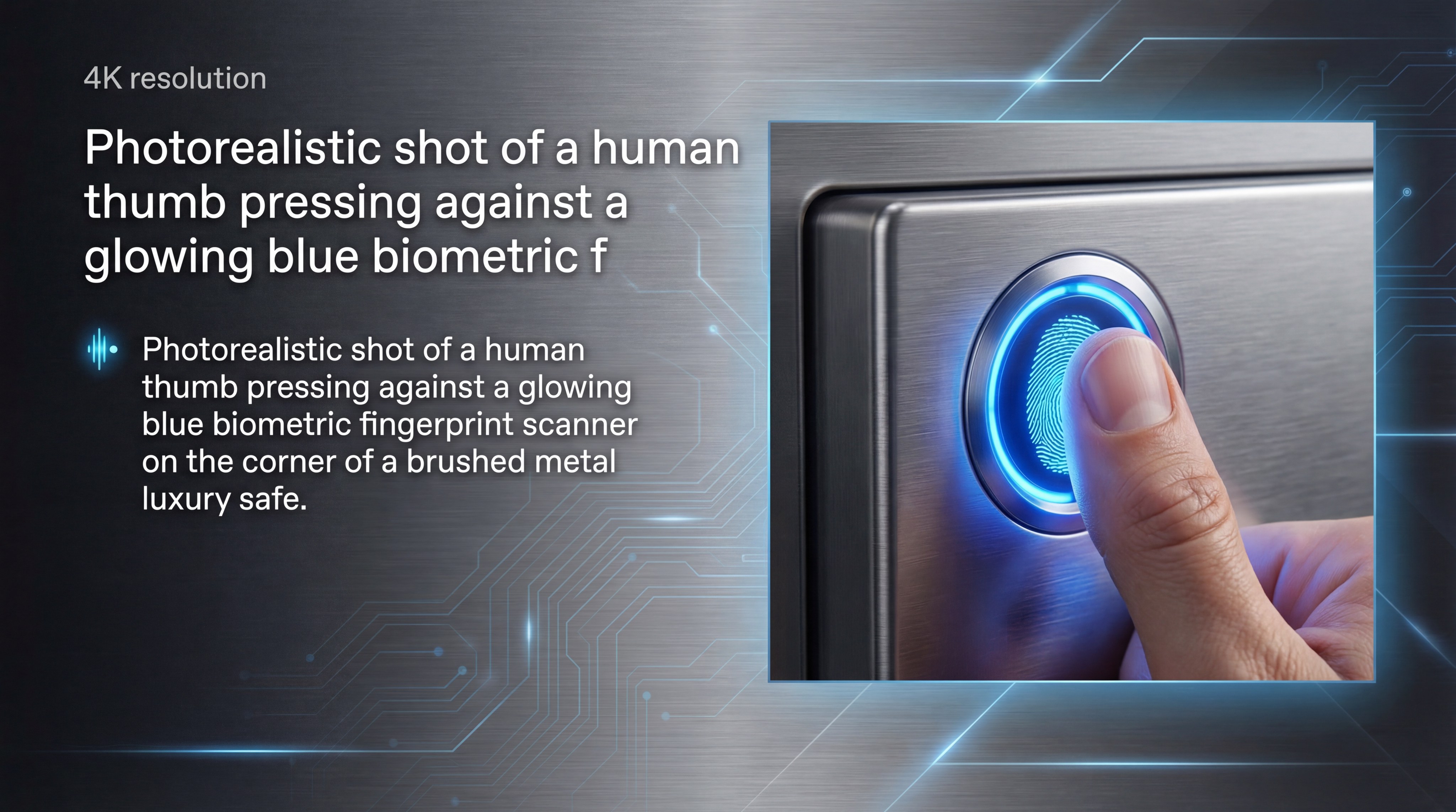 Photorealistic shot of a human thumb pressing against a glowing blue biometric fingerprint scanner on the corner of a brushed metal luxury safe