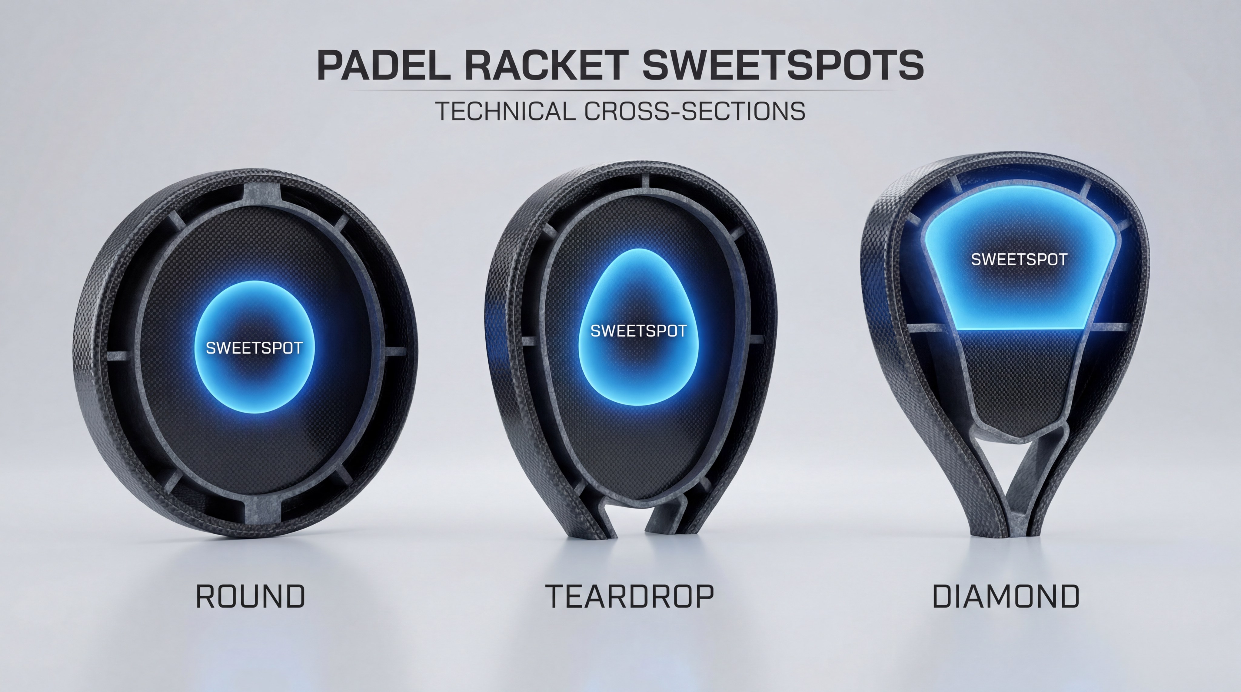 infographic showing three technical cross-sections of padel rackets