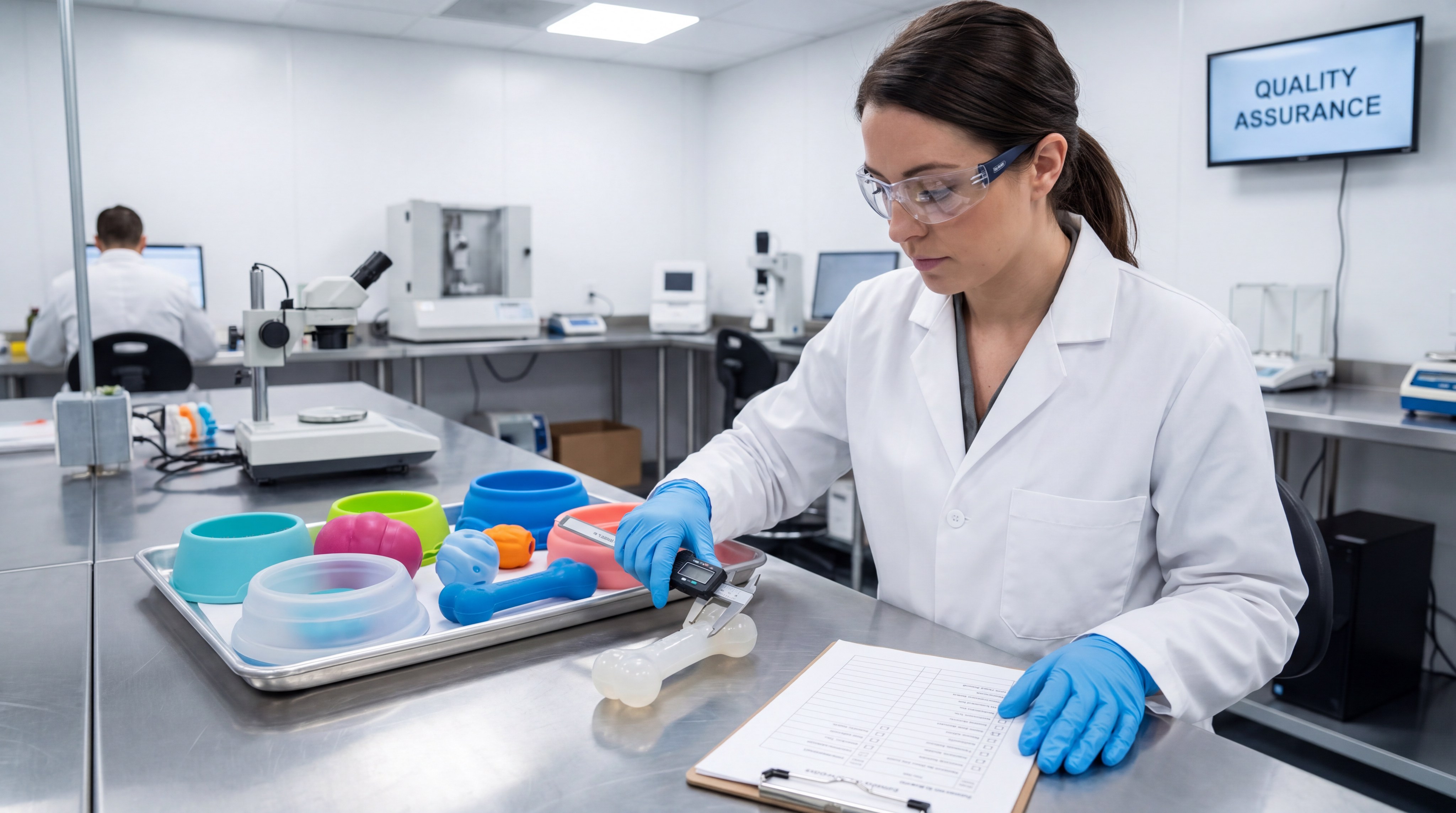 A scientist measuring a silicone bone for quality assurance