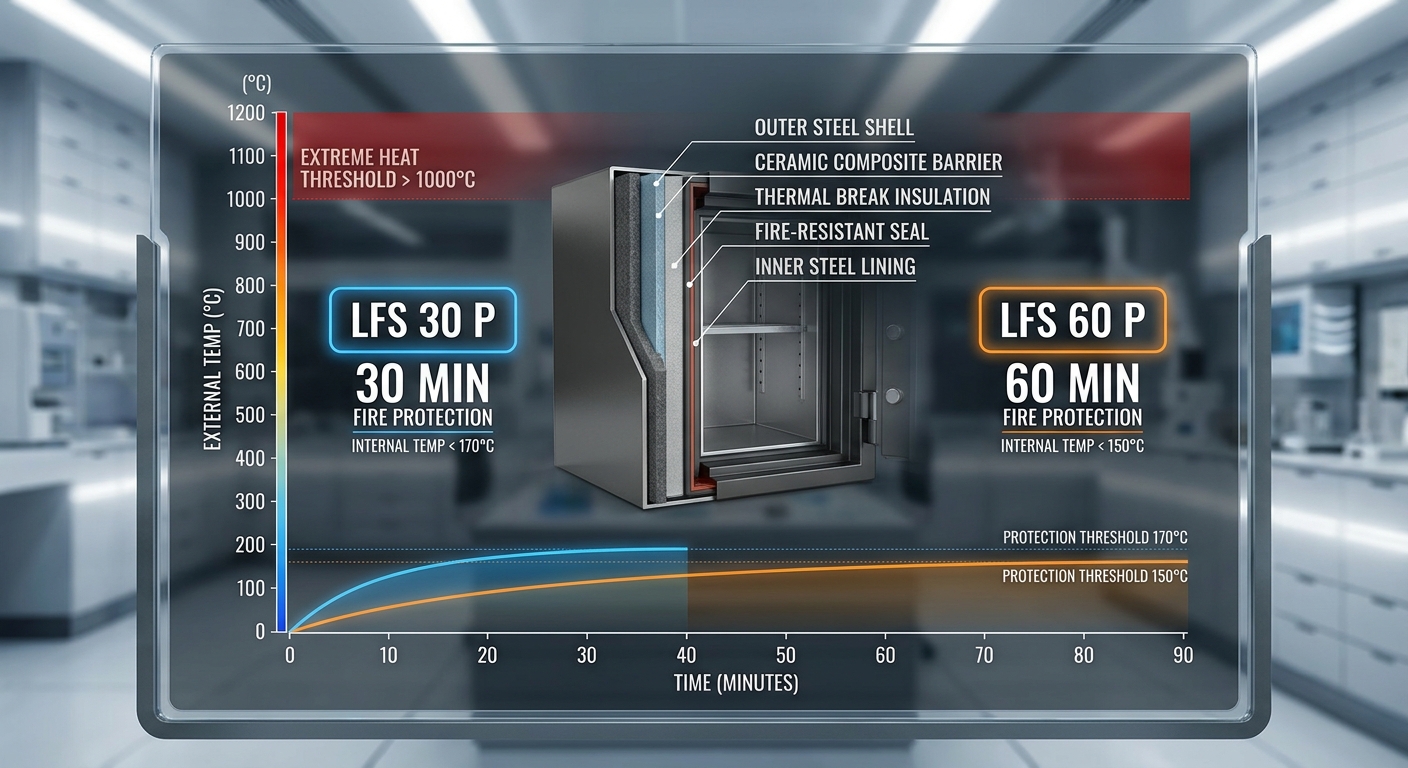 A fireproof safe showing extreme thermal protection infographic