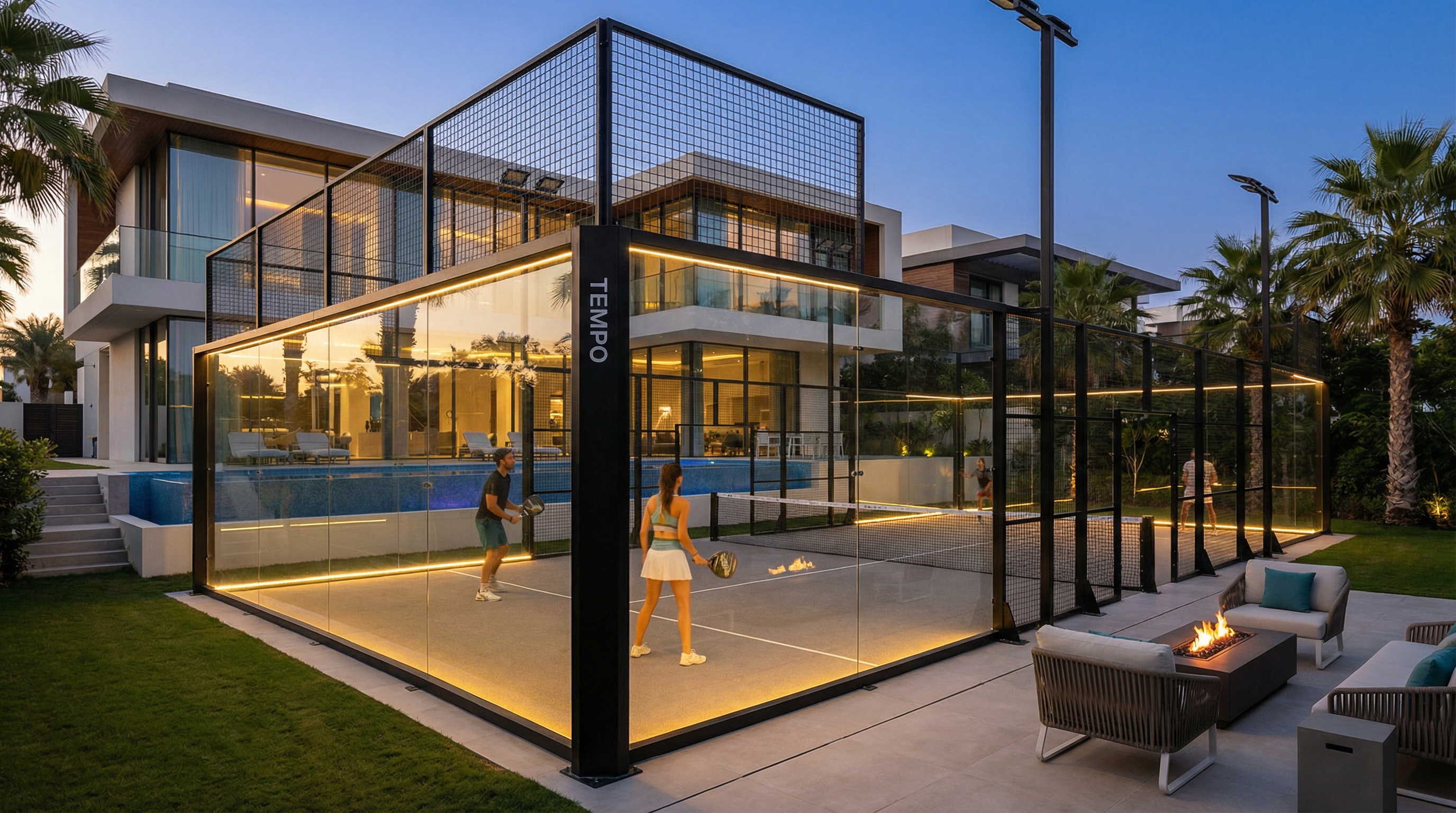 luxury padel court villa evening