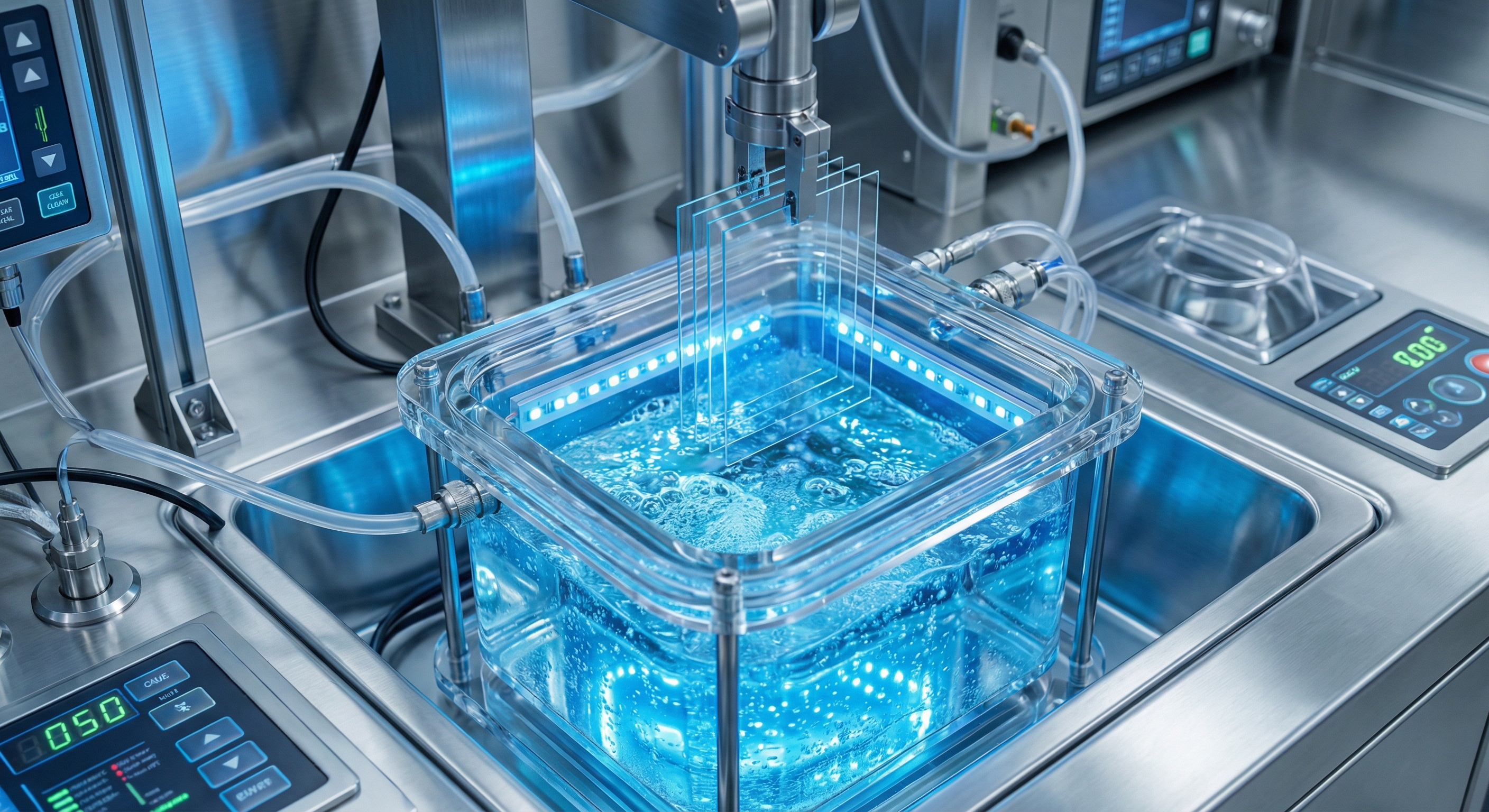 Close-up of a high-tech chemical ion exchange bath in a laboratory used for strengthening thin glass.
