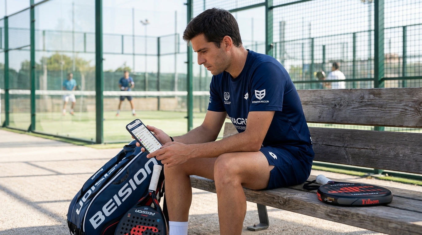 Player sitting on a bench checking a padel tournament schedule on a smartphone