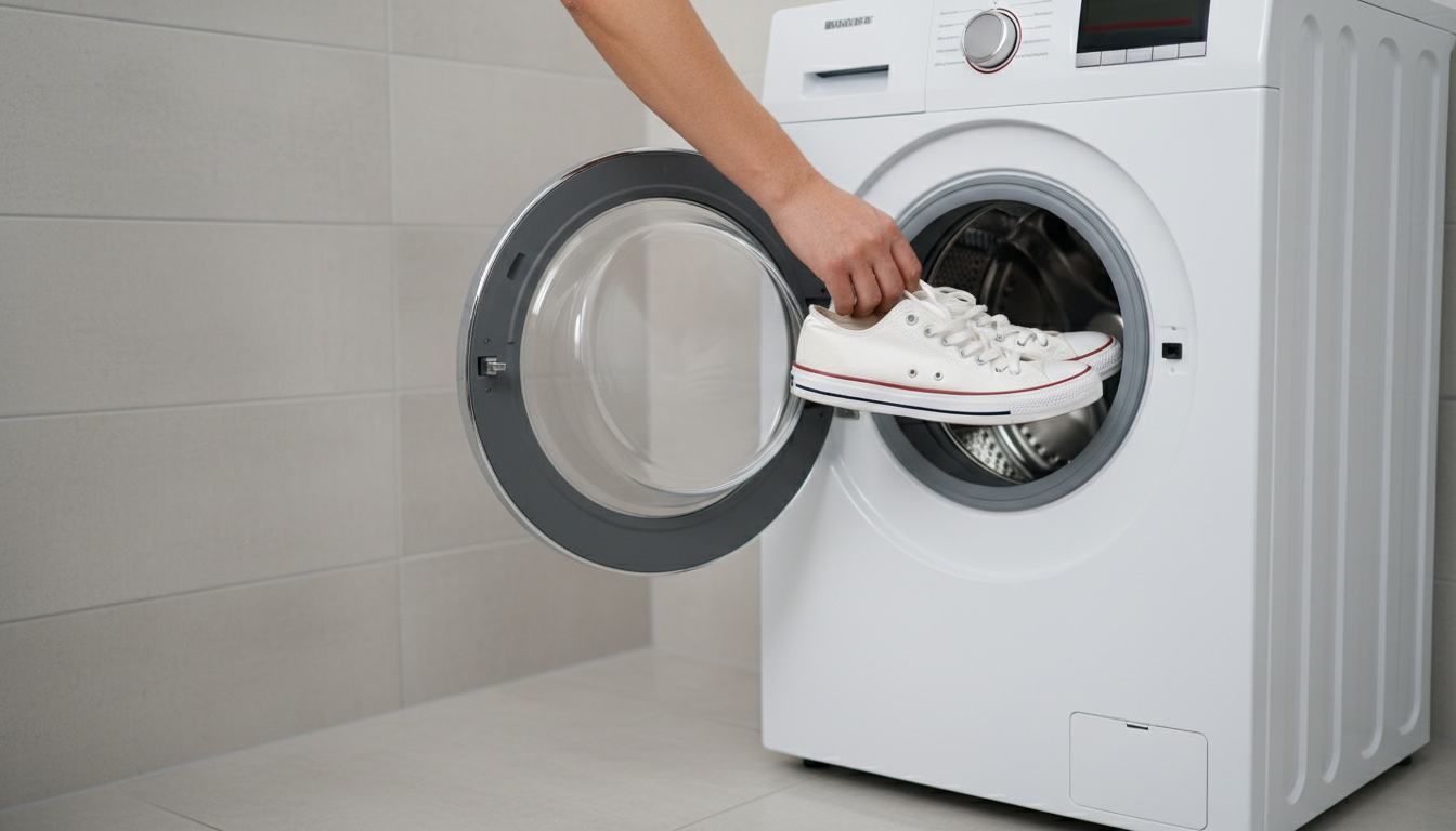 A person's hand placing a white canvas sneaker into a front-loading washing machine