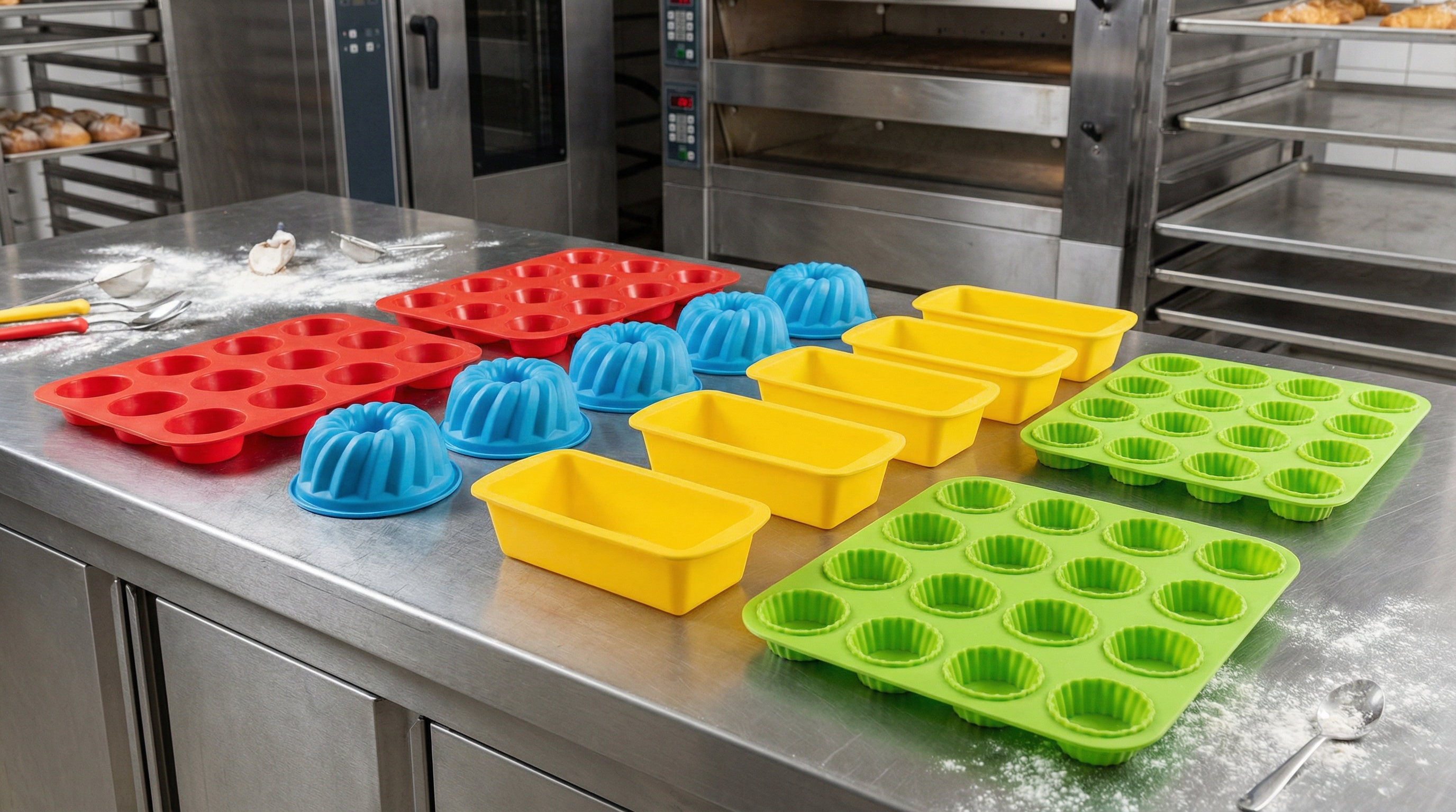 Various silicone baking molds on a table
