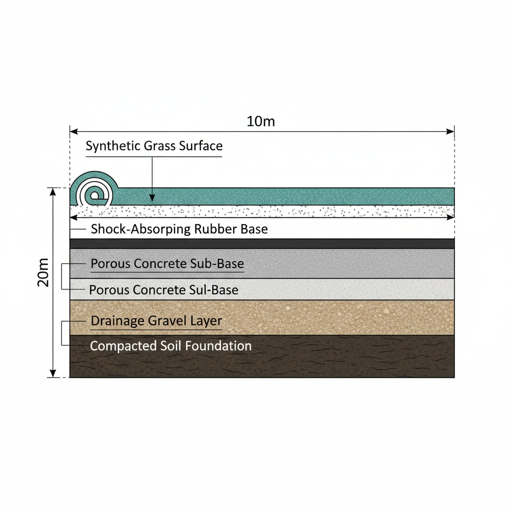 A technical construction diagram of a padel court showing the reinforced concrete foundation, drainage layers, and synthetic turf assembly.