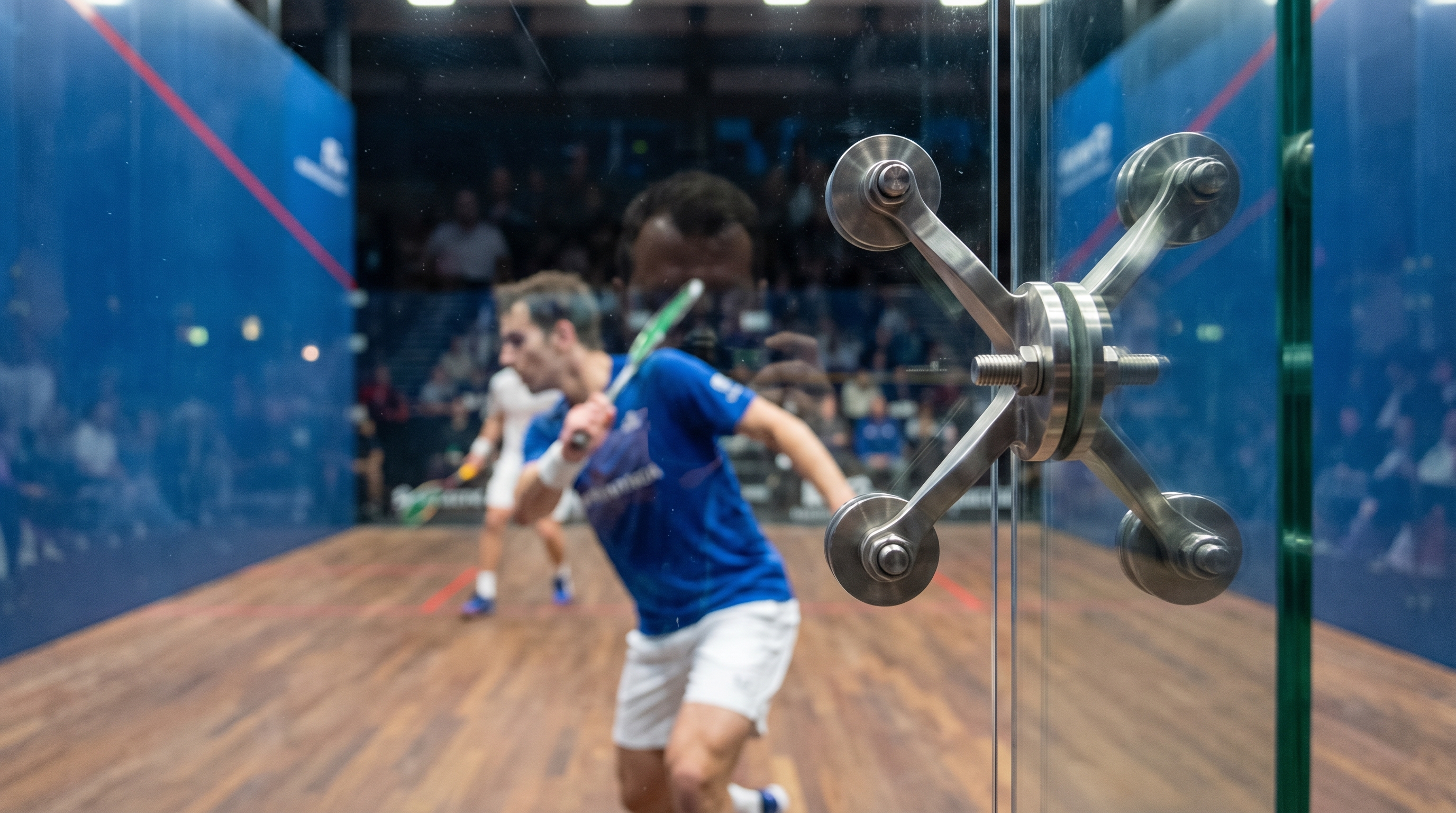 Player mid swing seen through court glass