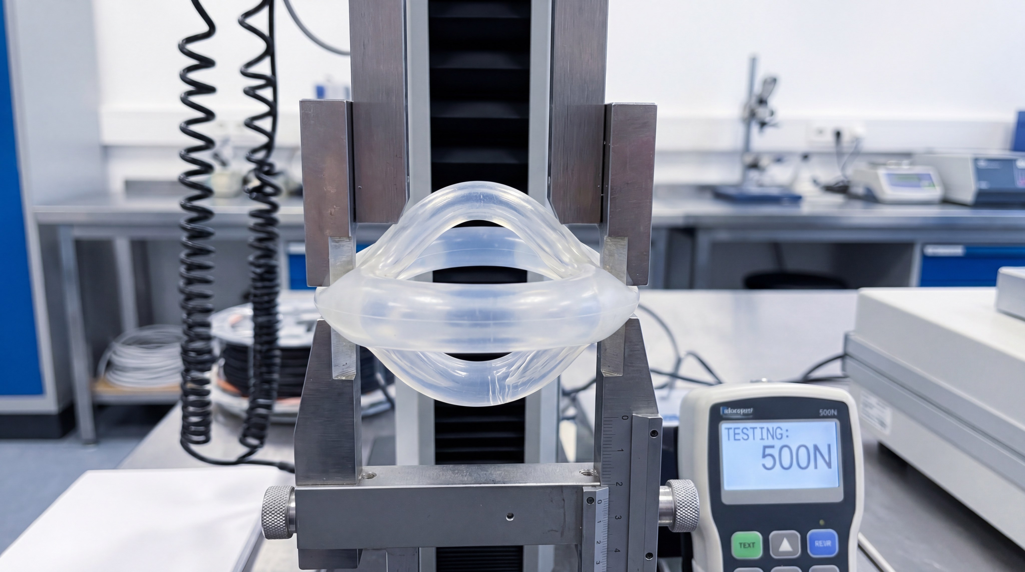 A macro shot of a durability test where a silicone ring pessary is being compressed by mechanical calipers, demonstrating its high tear strength and elastic recoil.