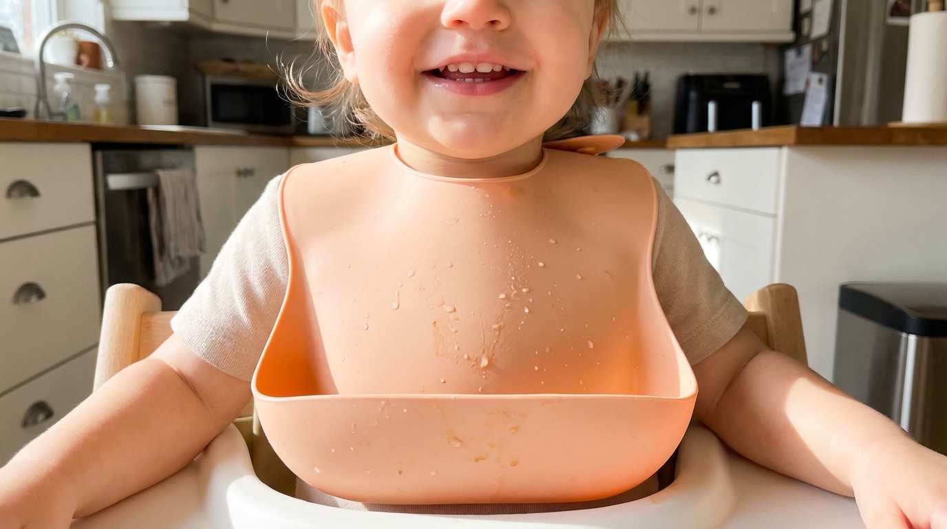 Toddler wearing a peach silicone bib