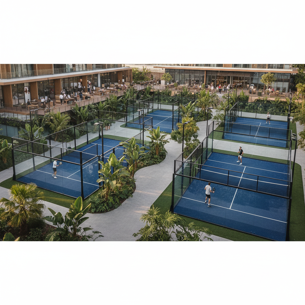 Overview of a green padel x facility featuring outdoor courts surrounded by tropical landscaping