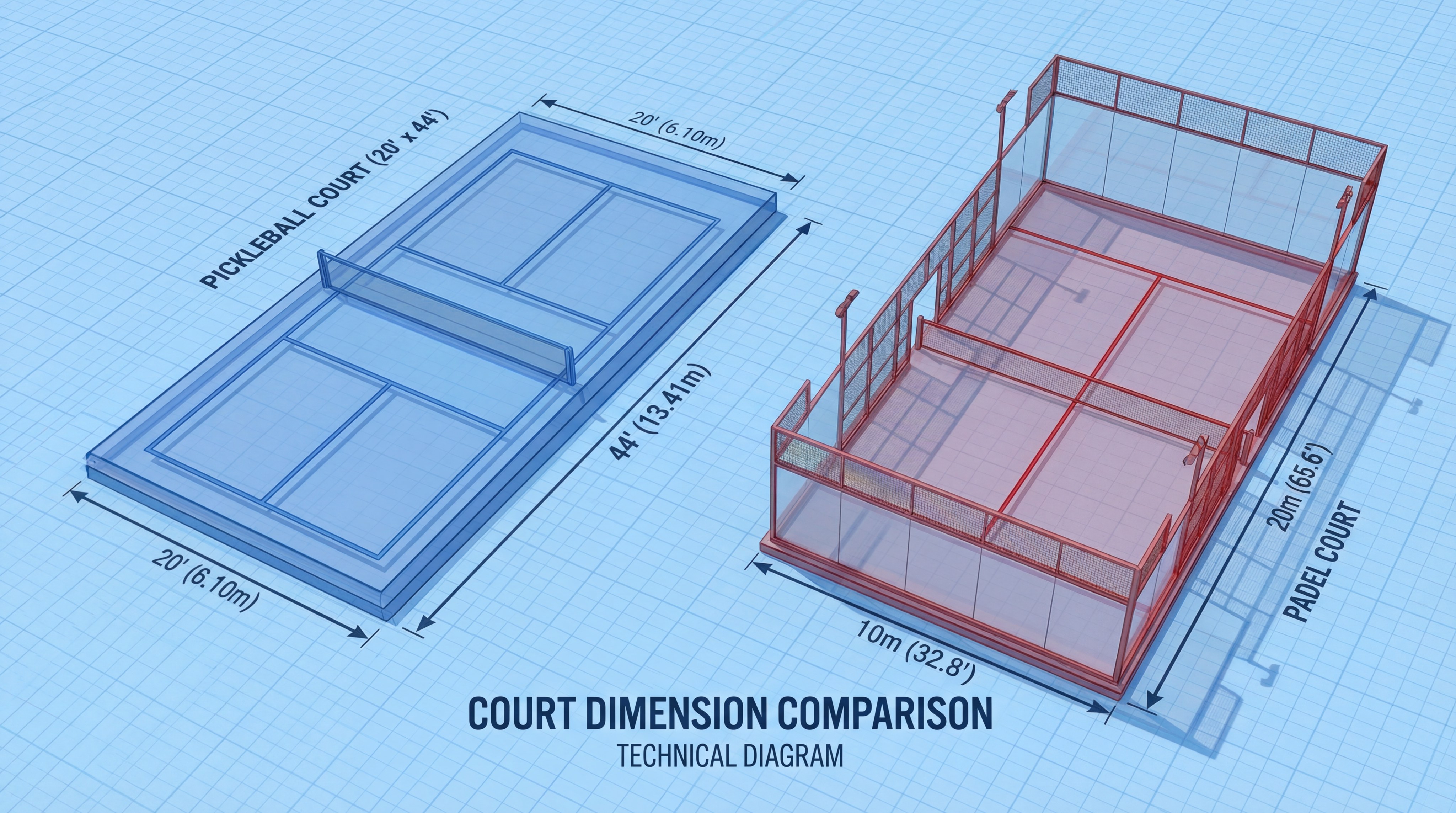 Technical diagram comparing the dimensions of pickleball and padel courts