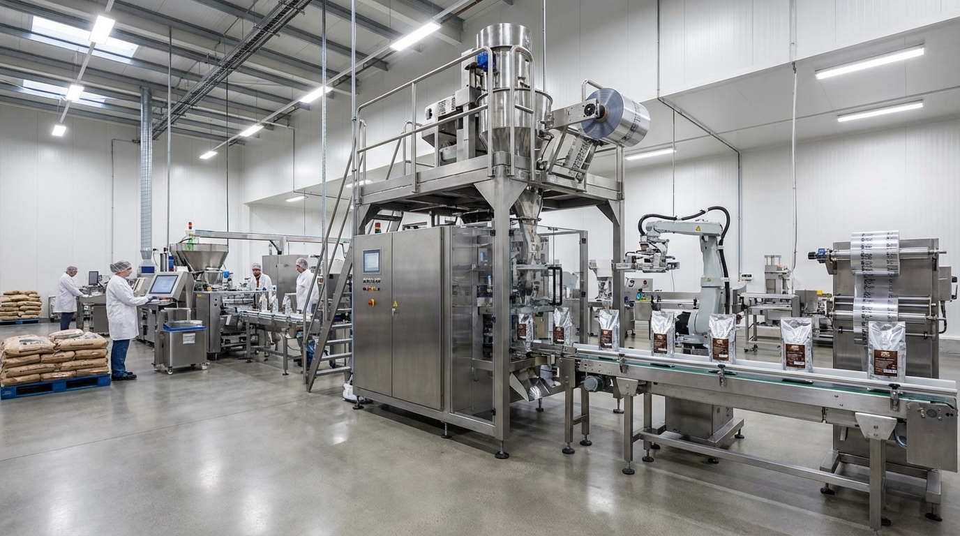 Automated VFFS machine to start coffee business equipment workflows and packaging.