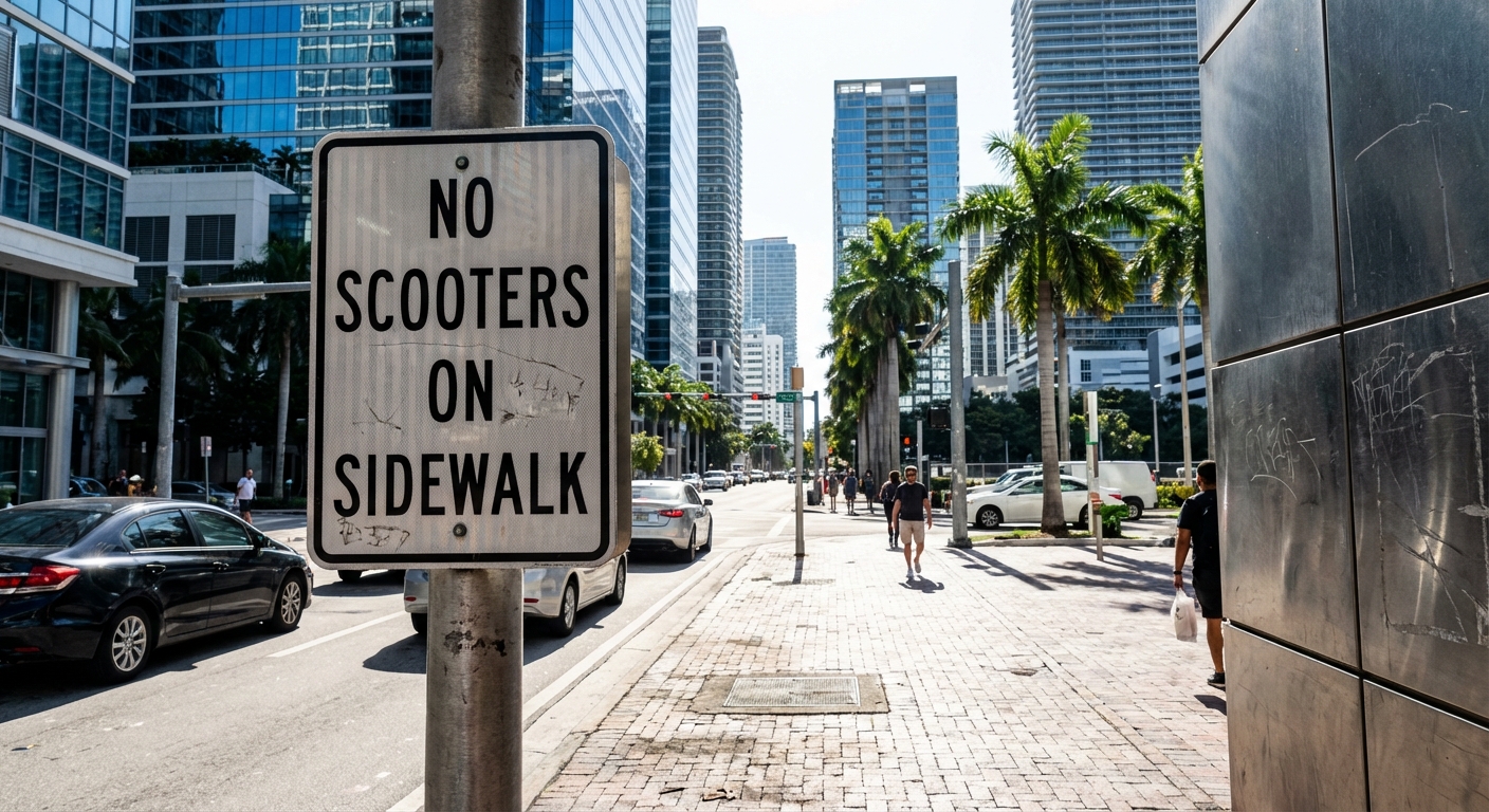 A sign in an urban area stating no scooters on the sidewalk
