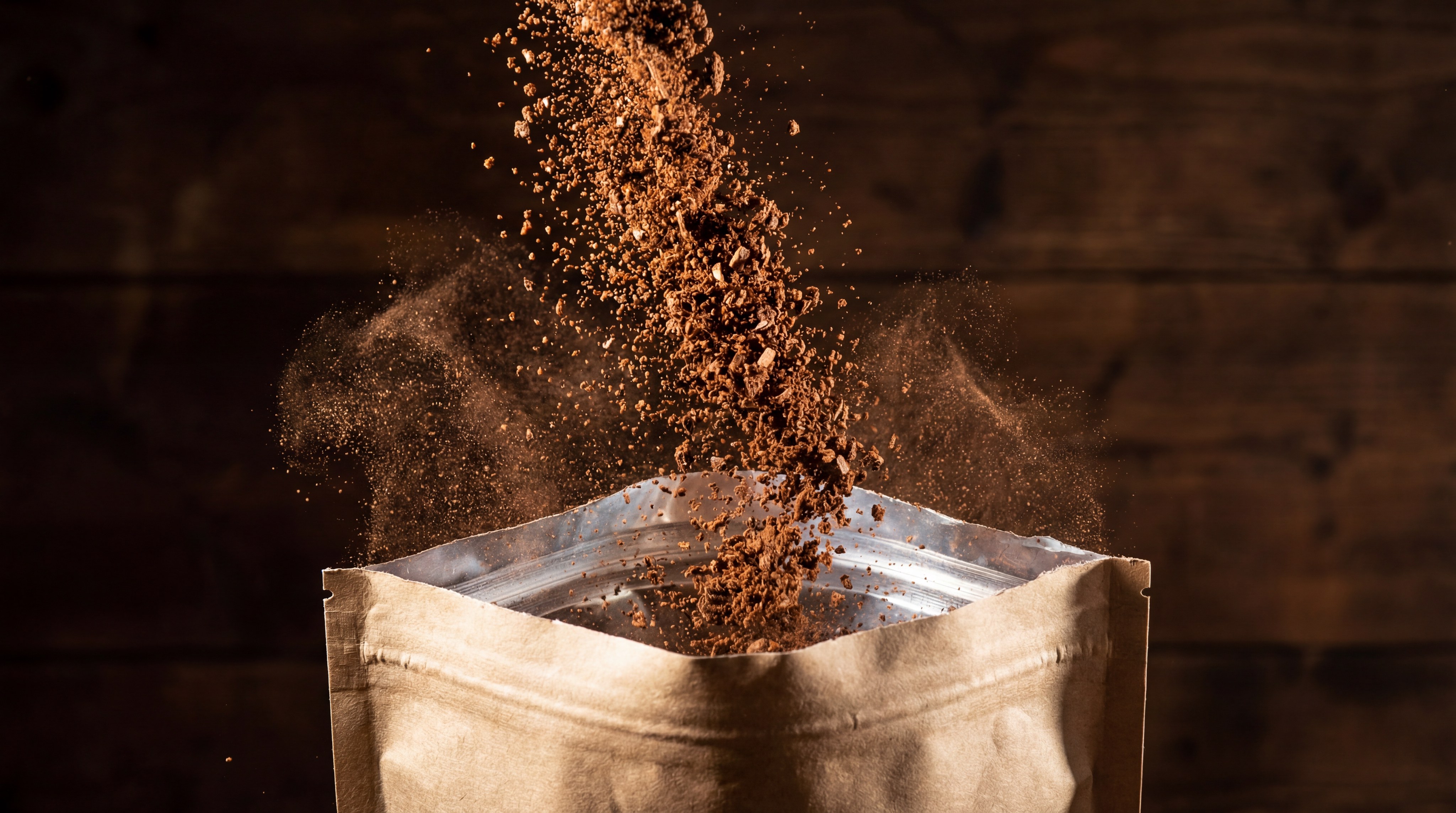High-Speed Coffee Pour into Pouch with Dramatic Lighting