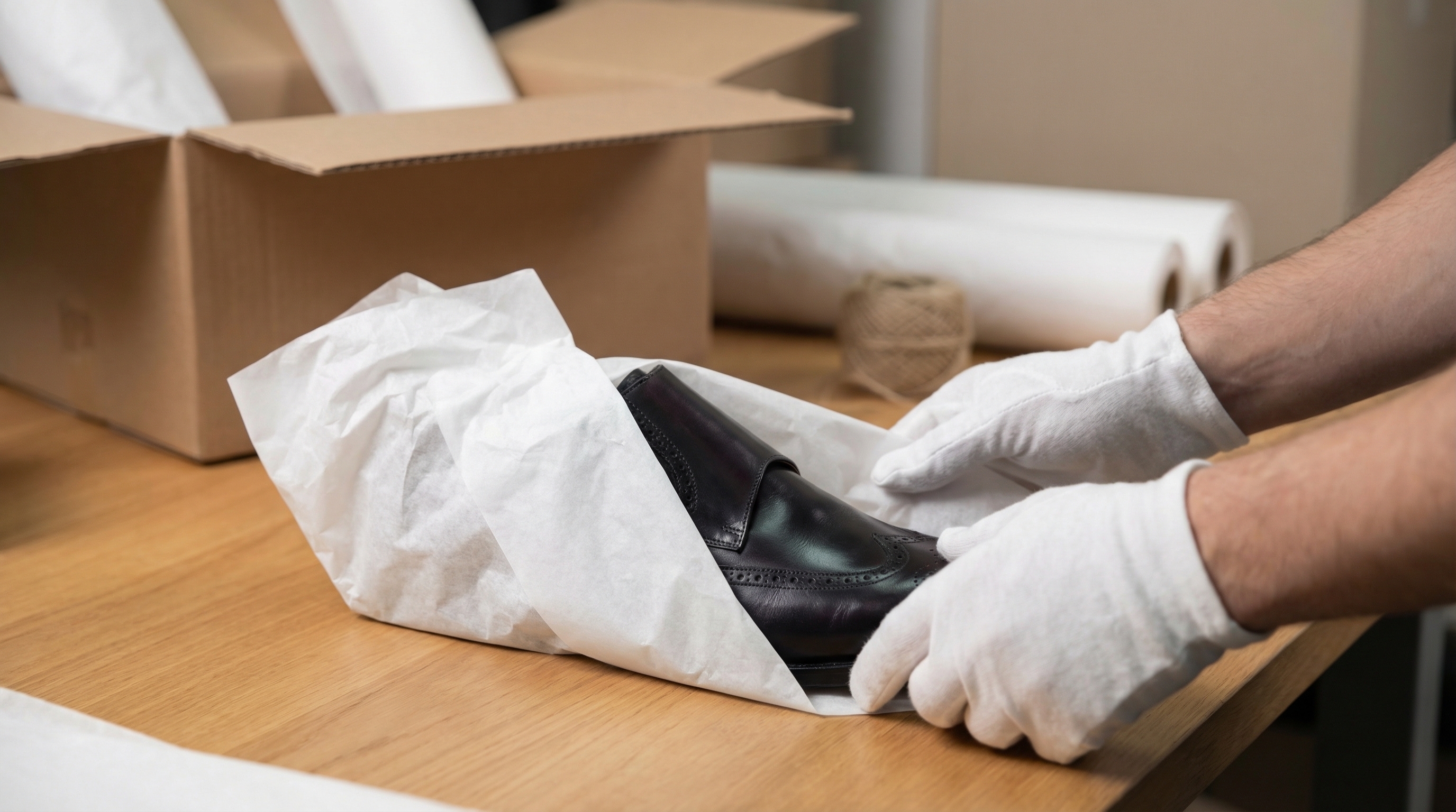 Expert packer wearing white gloves to handle designer footwear, wrapping a single shoe in acid-free tissue paper for maximum protection.