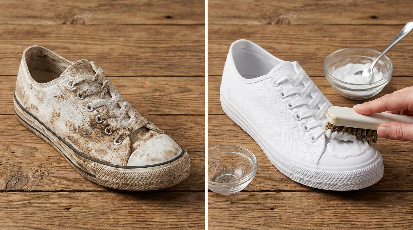 Comparison of a dirty white shoe and one being cleaned with baking soda