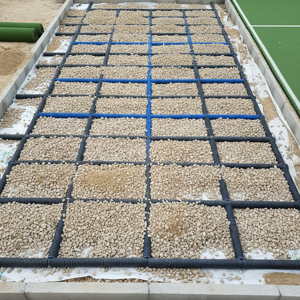 Outdoor padel court during a rainstorm showing water draining through the turf surface