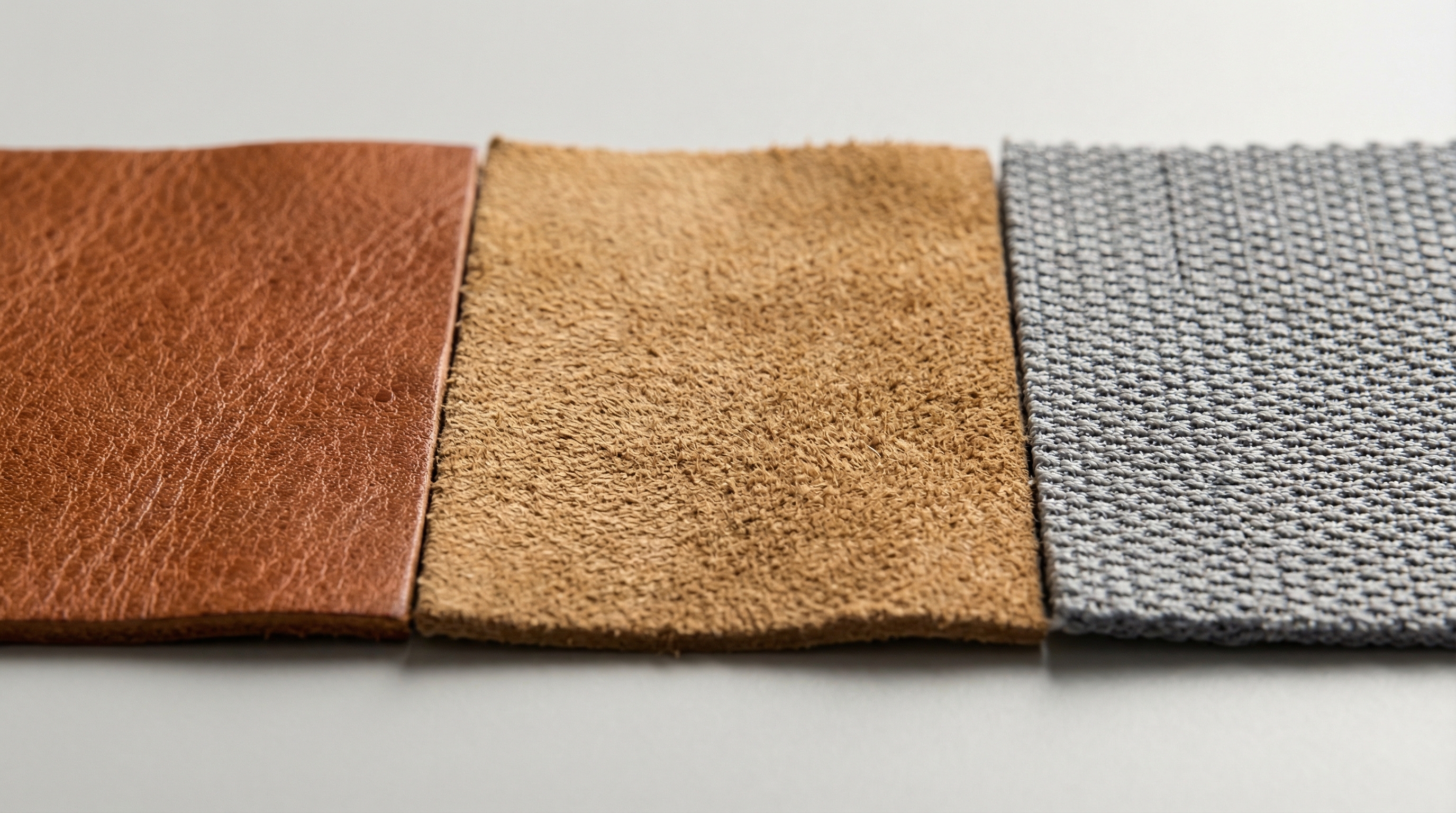 Macro shot of different shoe materials including smooth leather, textured suede, and woven mesh