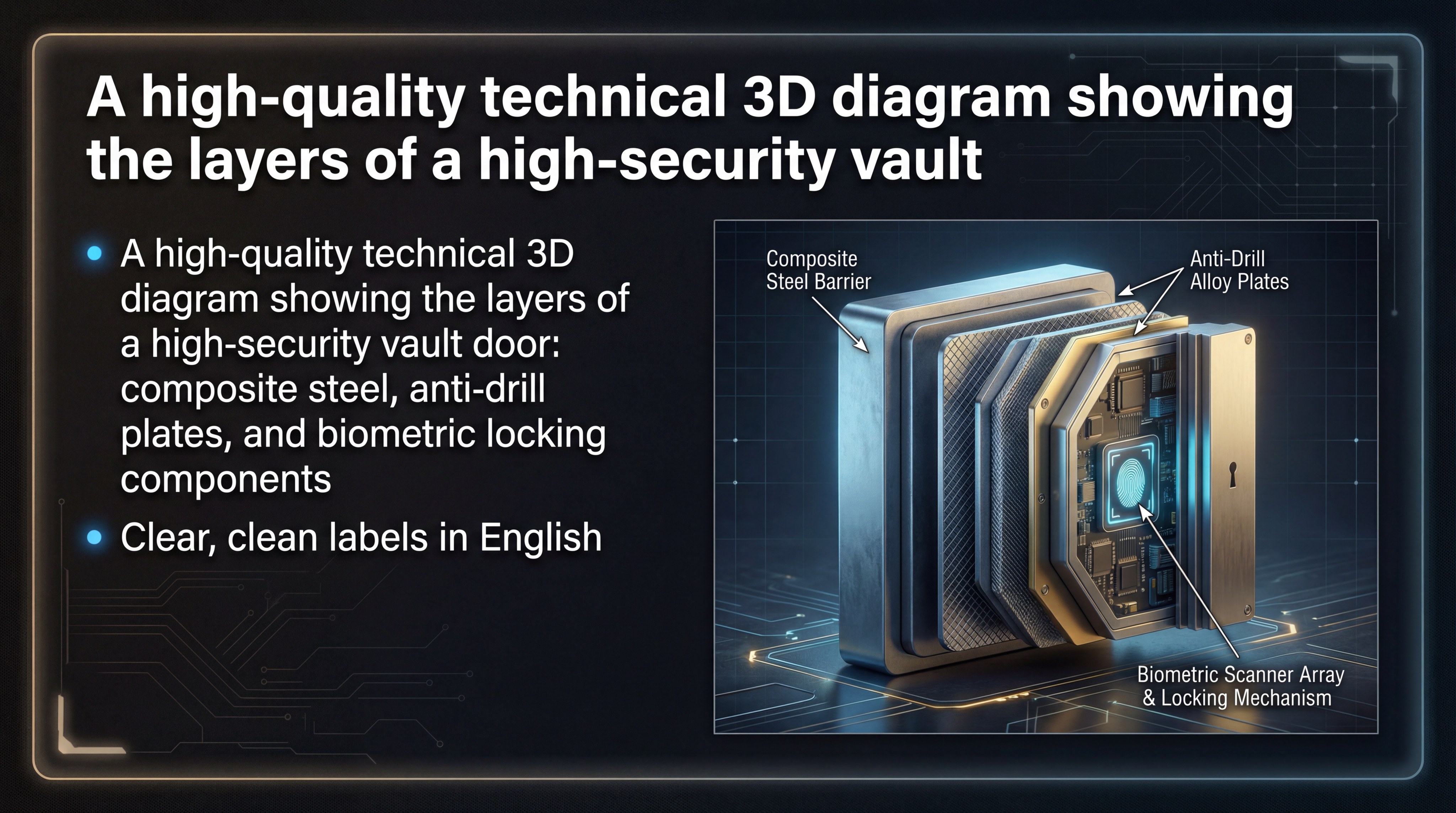 A high-quality technical 3D diagram showing the layers of a high-security vault door including composite steel and anti-drill plates