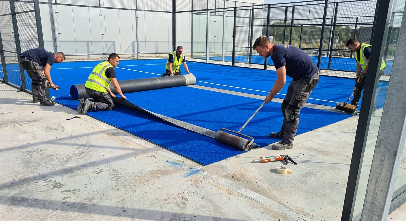Installation of blue synthetic grass for a padel court