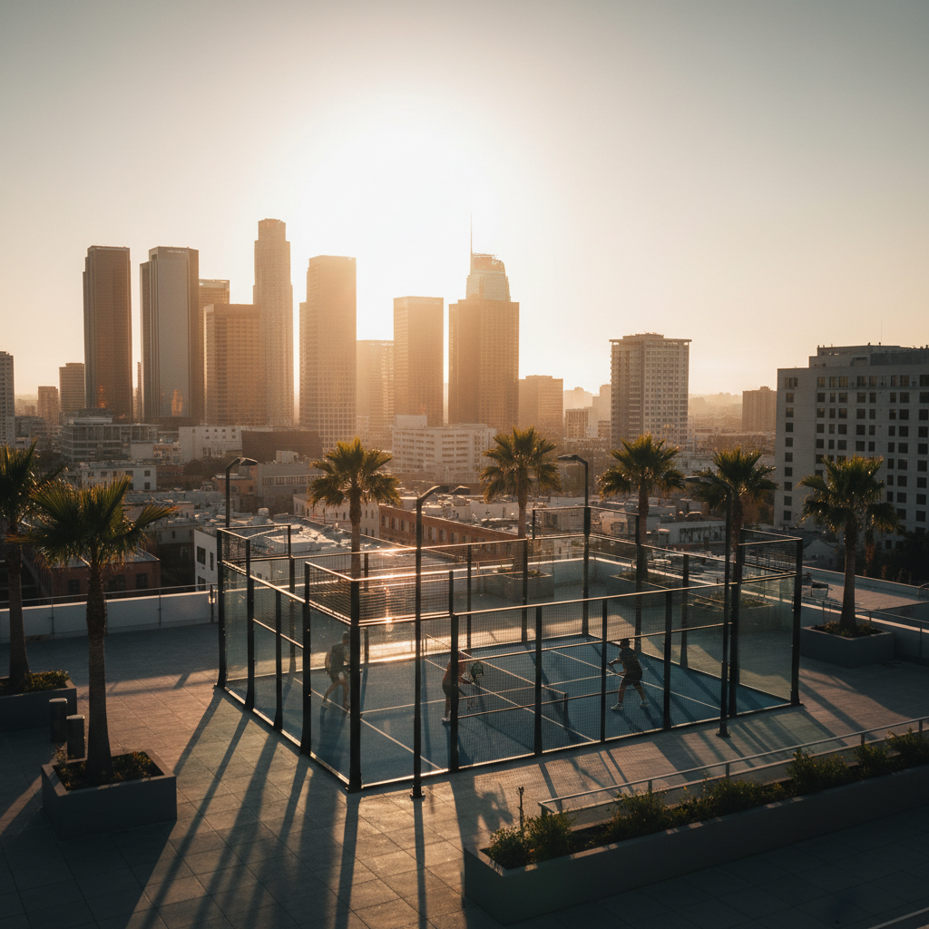 A wide-angle, photorealistic shot of a modern glass-walled padel court at golden hour with the skyline in the distance.