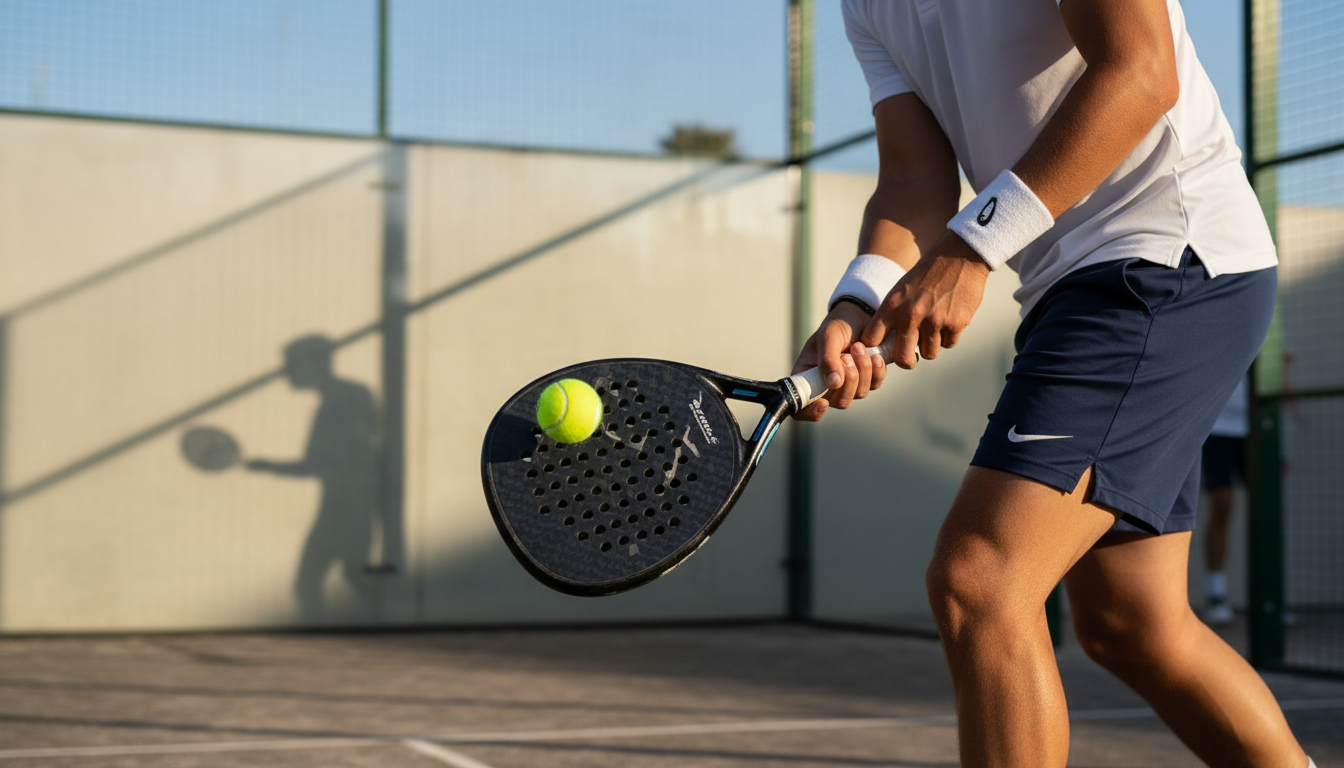 A close-up, side-angle view of a professional player’s waist as they are about to strike a padel ball underhand at the correct legal height.