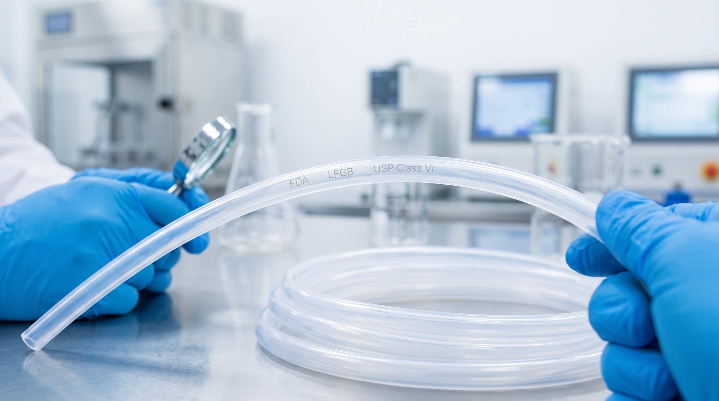 Photorealistic Close-up of Laser-Etched Silicone Tubing with Regulatory Compliance Marks