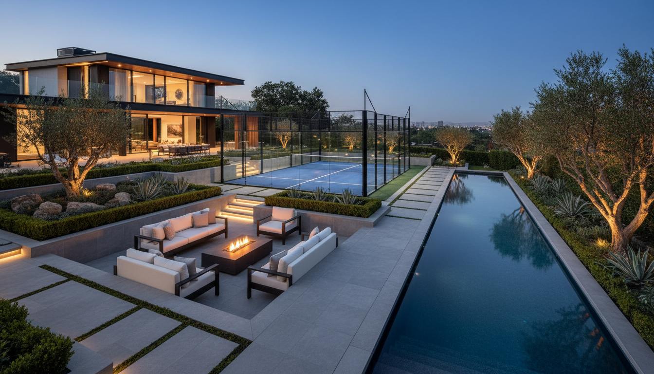 Luxury backyard with panoramic padel court