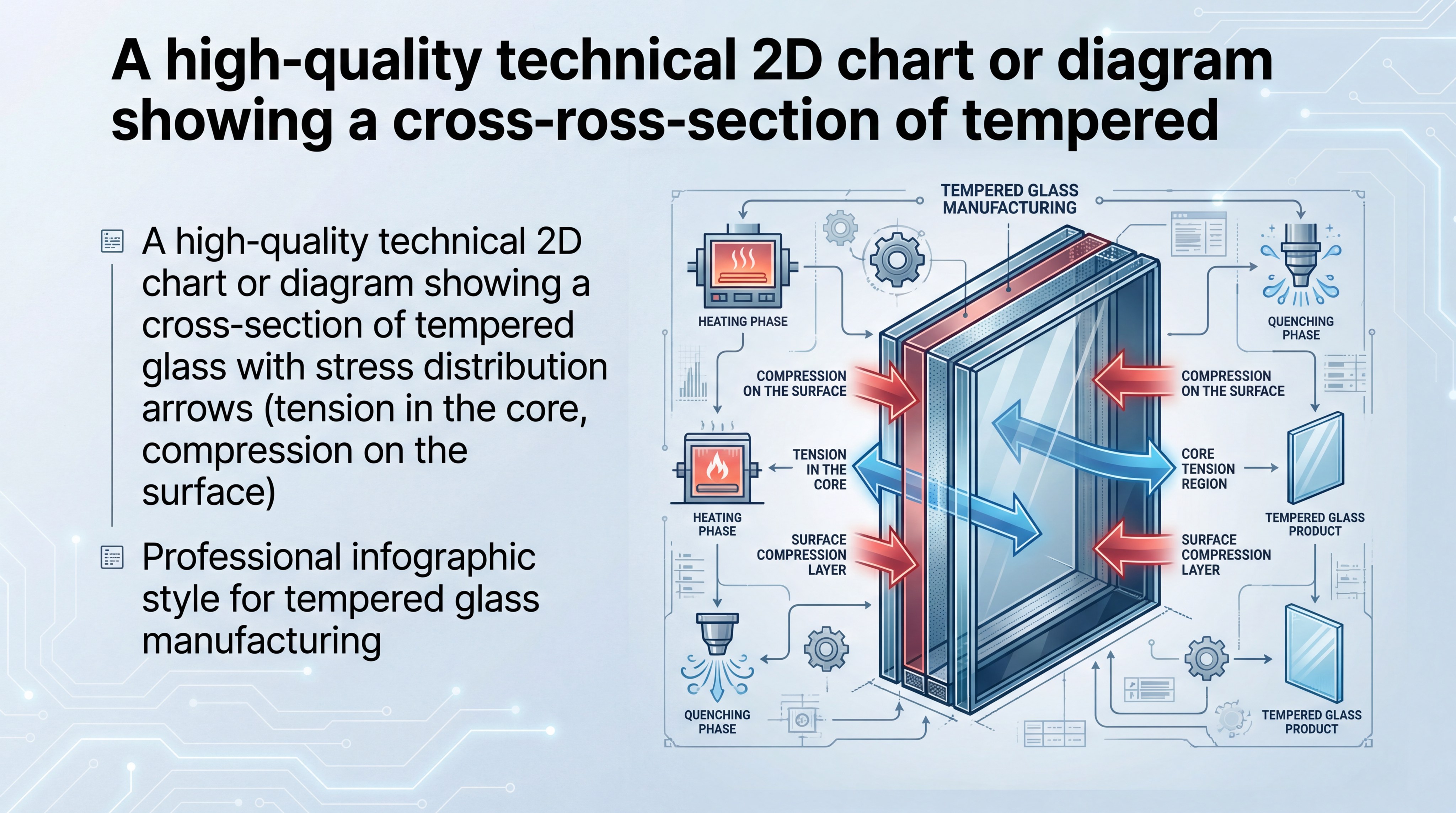 Technical 2D chart or diagram showing a cross-section of tempered glass with stress distribution arrows