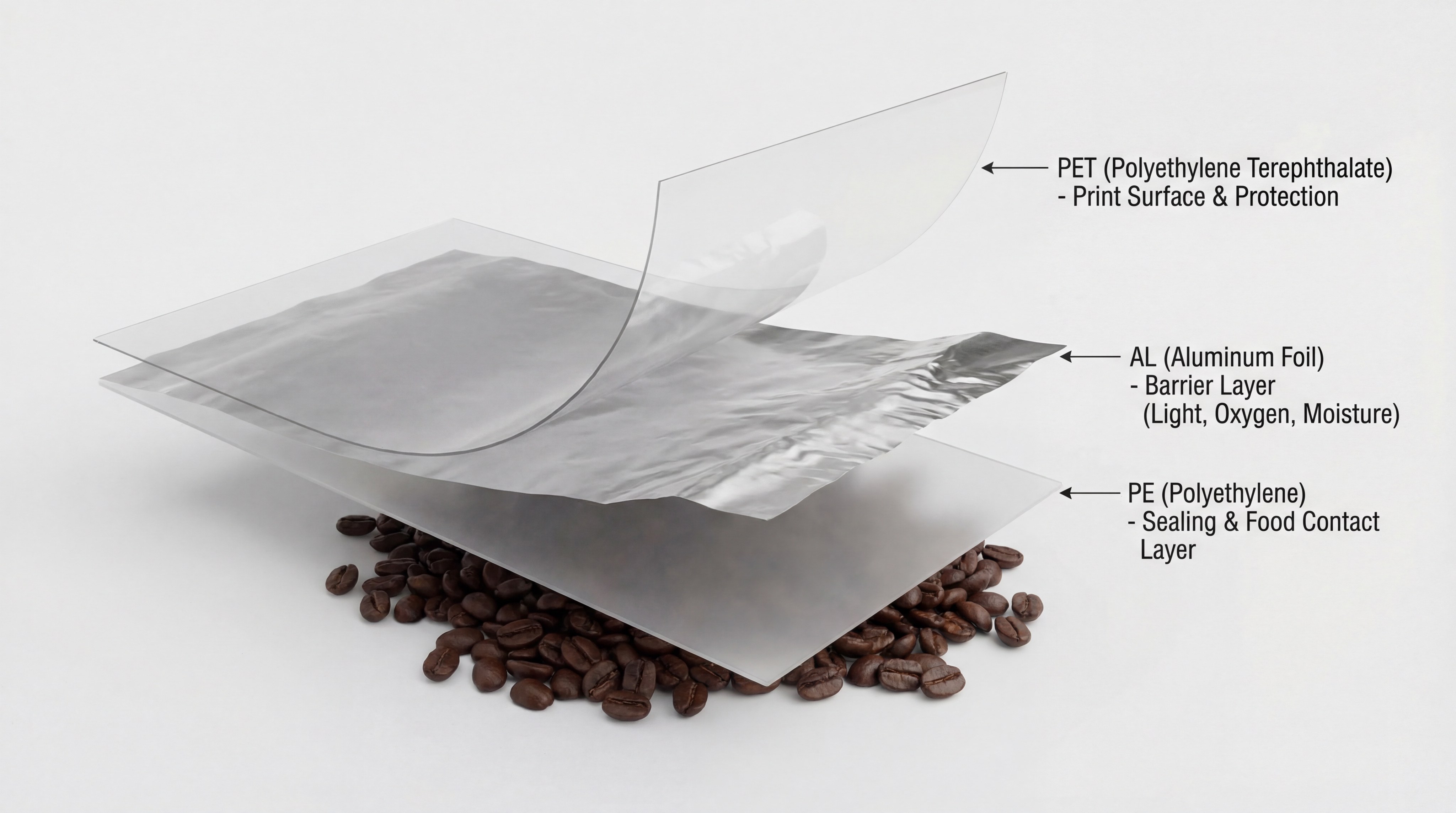 Exploded View of 3-Layer Coffee Packaging Film Structure