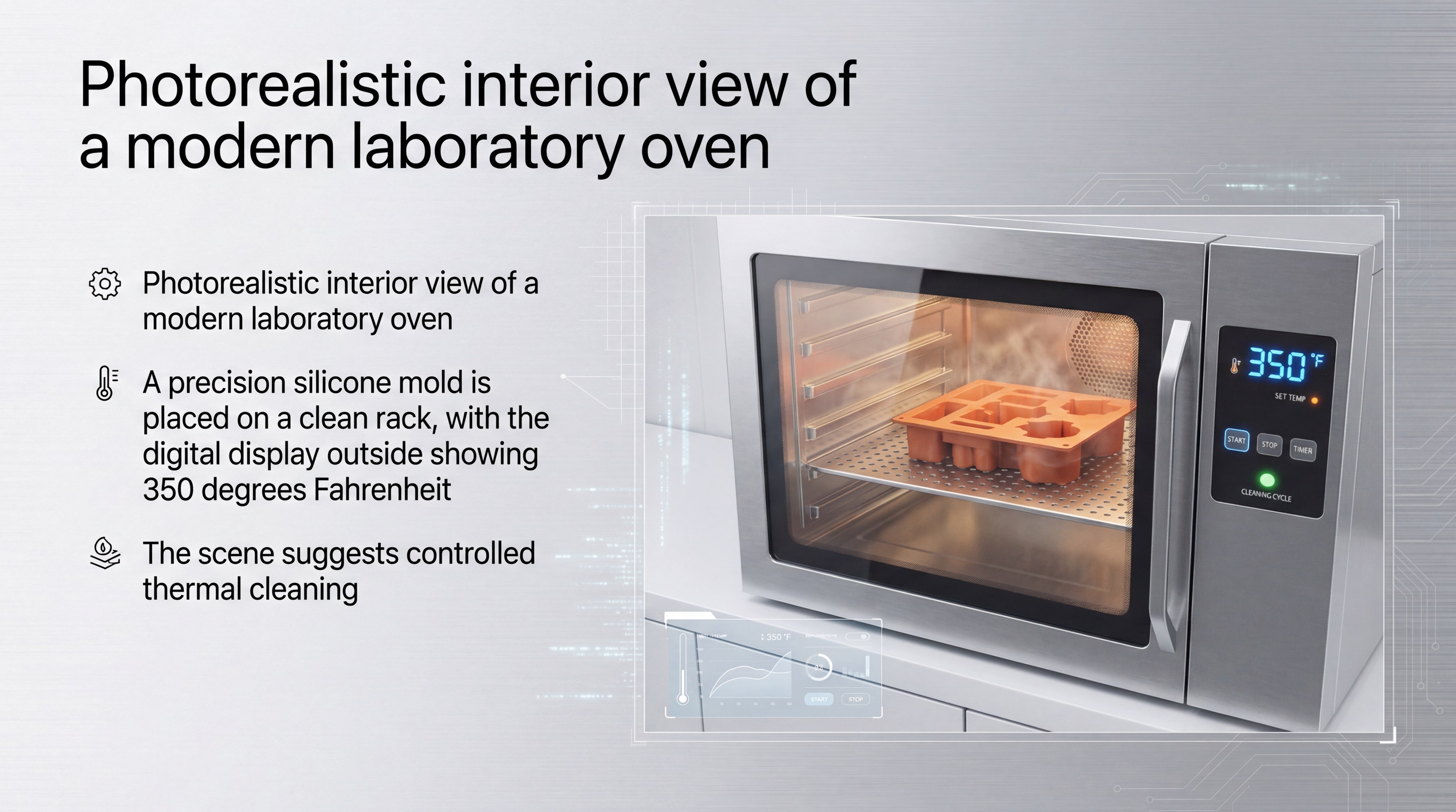 Photorealistic interior view of a modern laboratory oven: a precision silicone mold is placed on a clean rack, with the digital display outside showing 350 degrees Fahrenheit