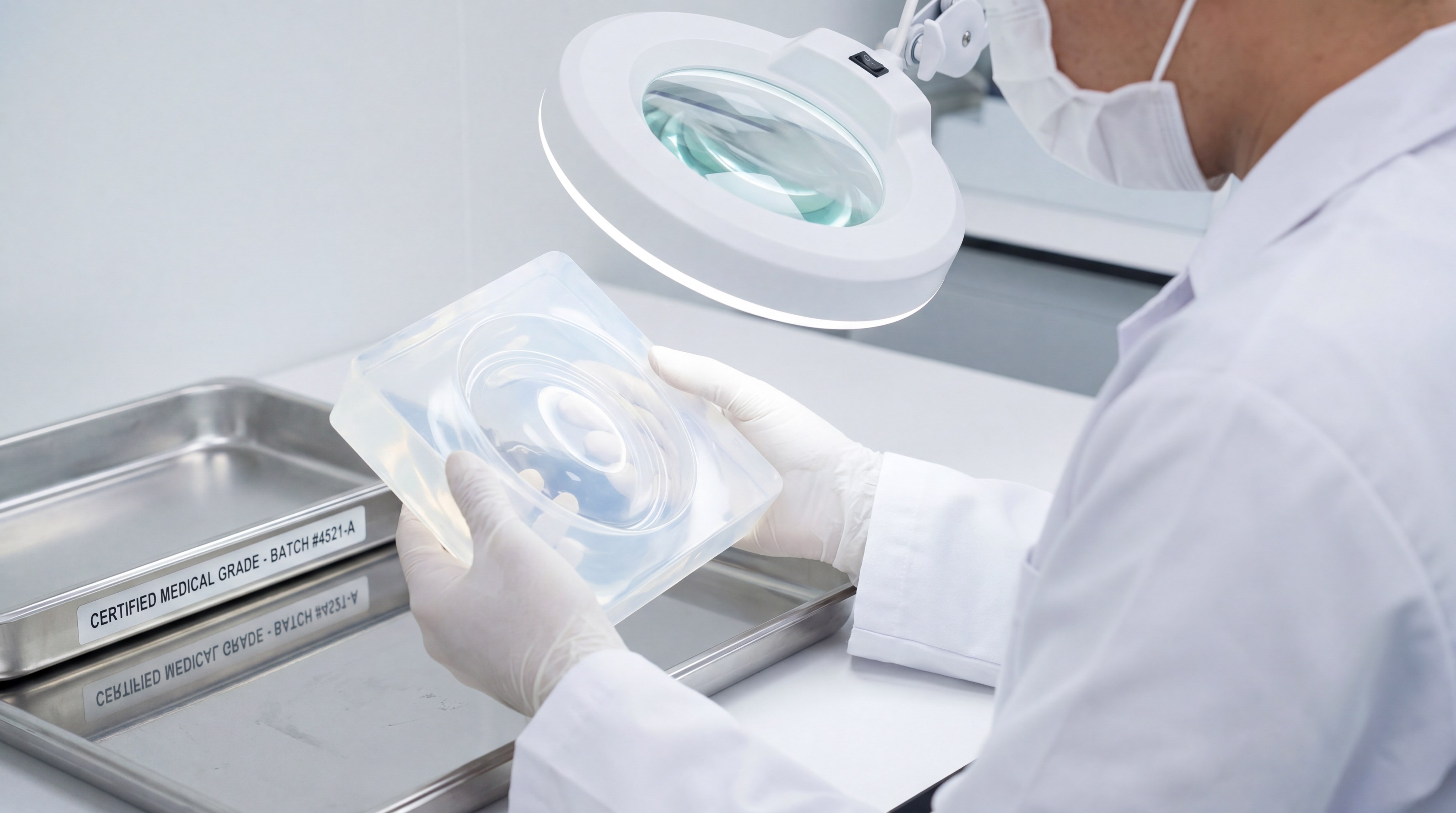 Quality control specialist inspecting a silicone mold in a laboratory setting