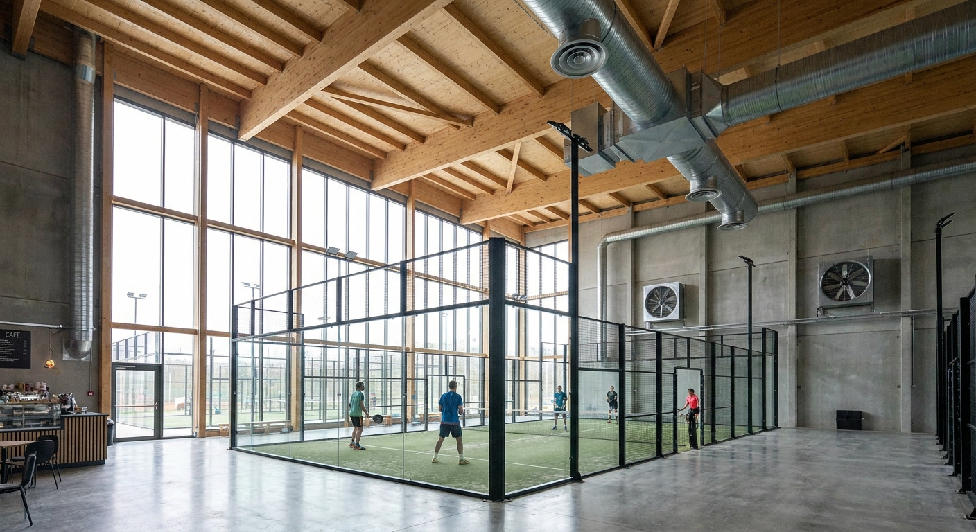 A photorealistic architectural shot of a high-ceilinged indoor padel facility with massive windows letting in natural light and professional ventilation systems visible.