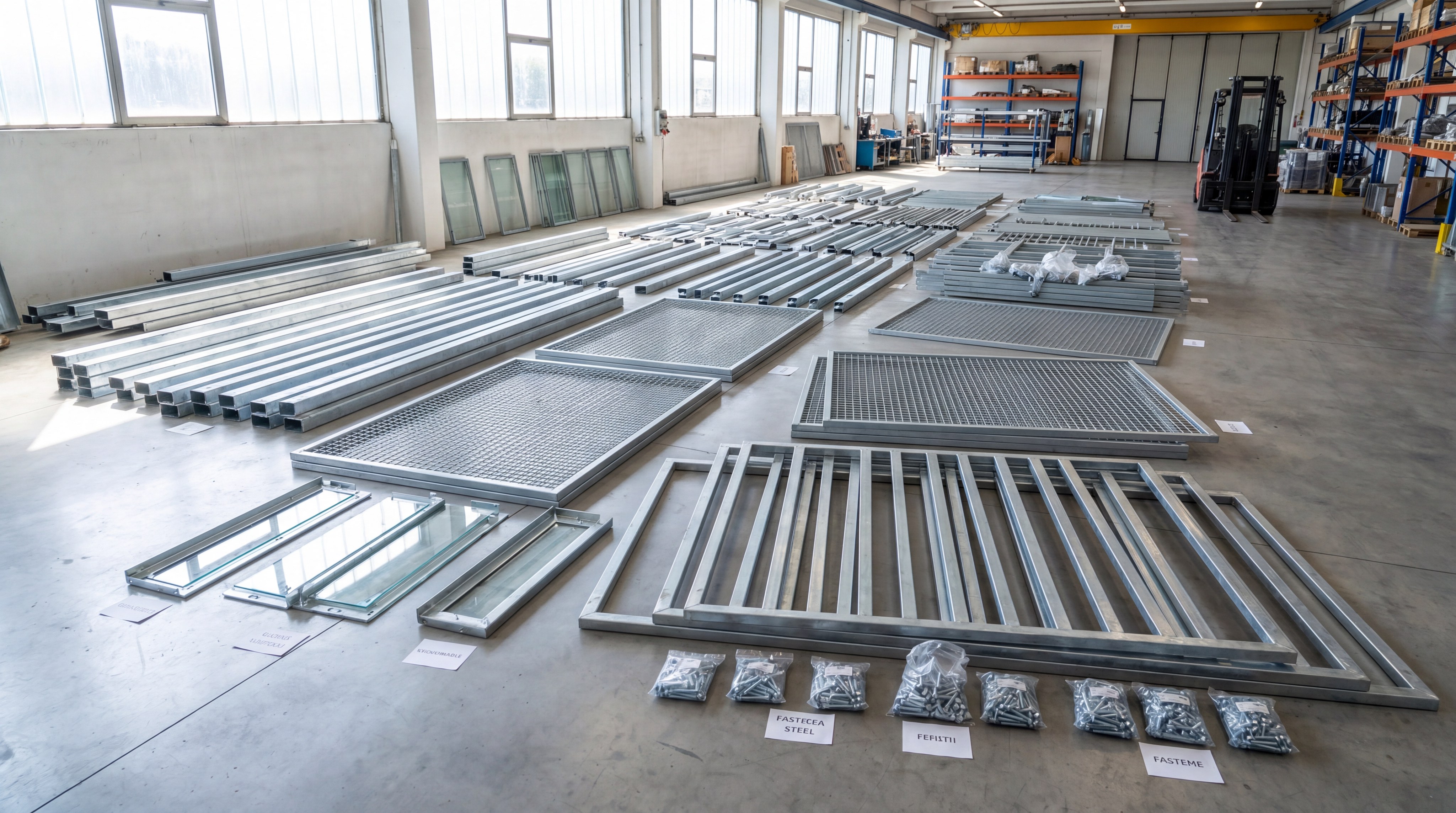 Modular steel components and assembly parts in a warehouse