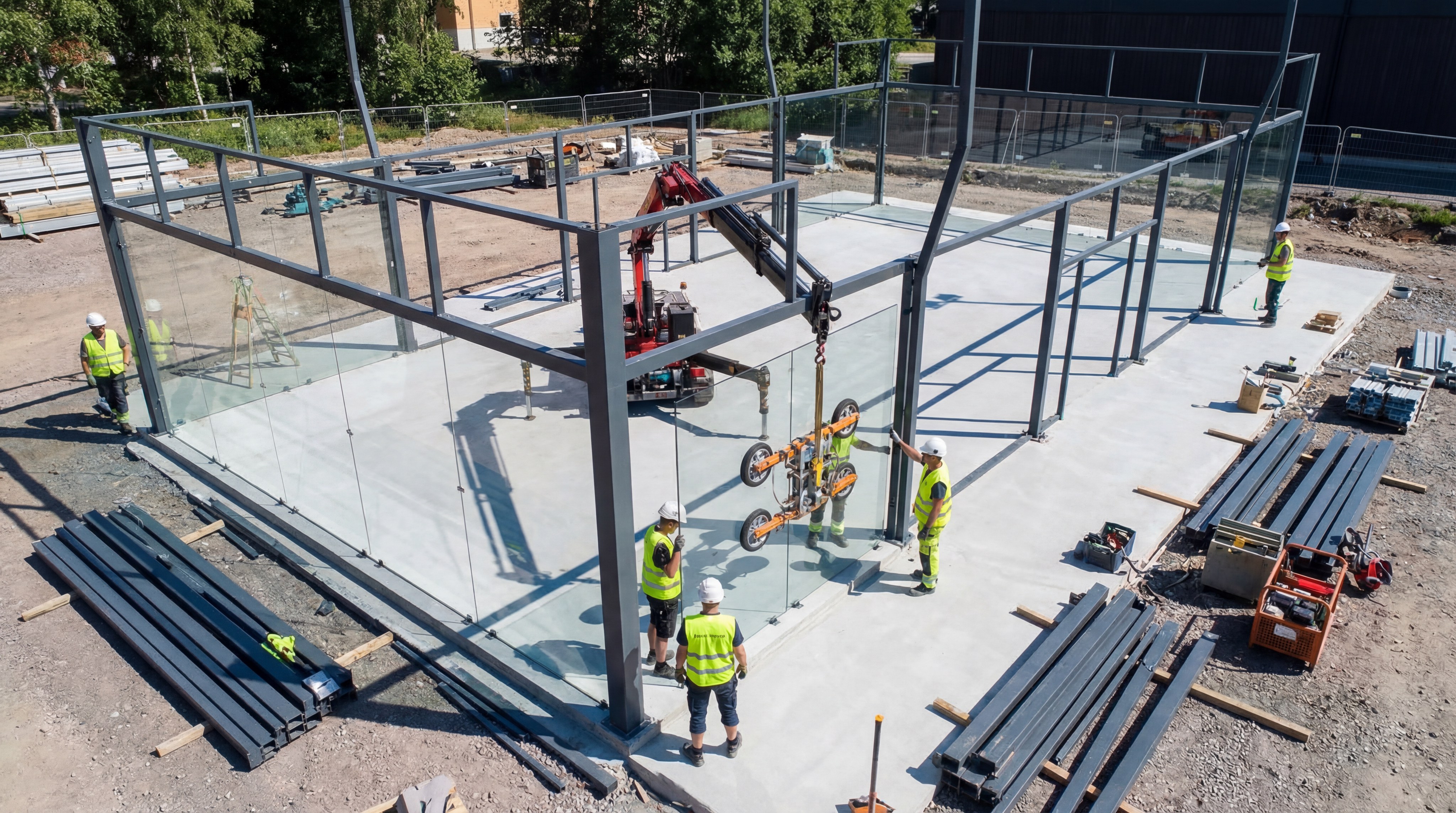 builders installing a padel court glass wall