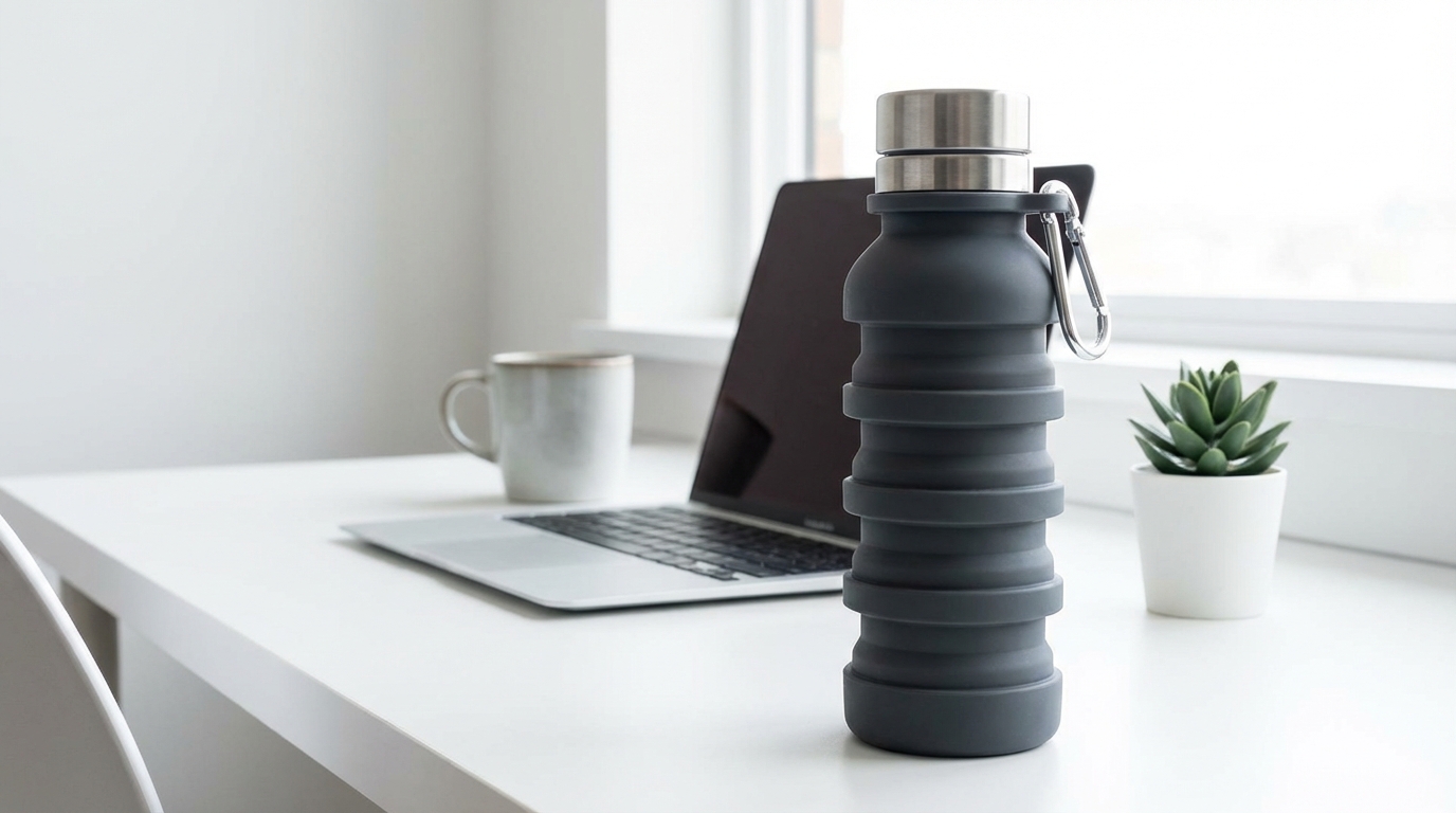 A high-quality, sleek collapsible water bottle standing tall and then compressed flat next to it.